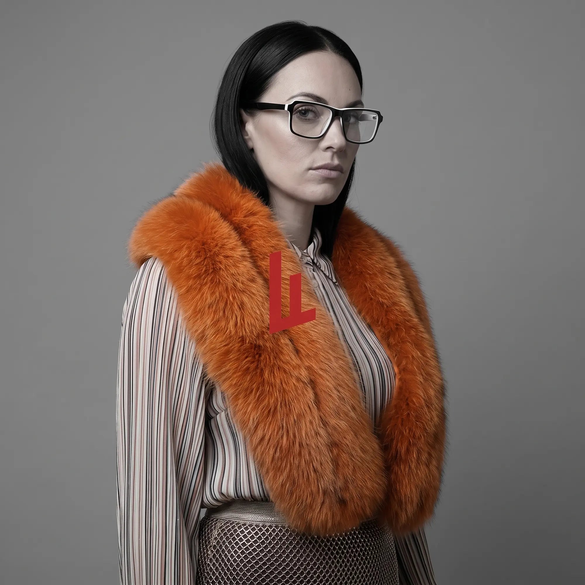 Fiore 1038 eyeglasses in black white, worn by a model – campaign portrait, bold studio pose in vintage tweed