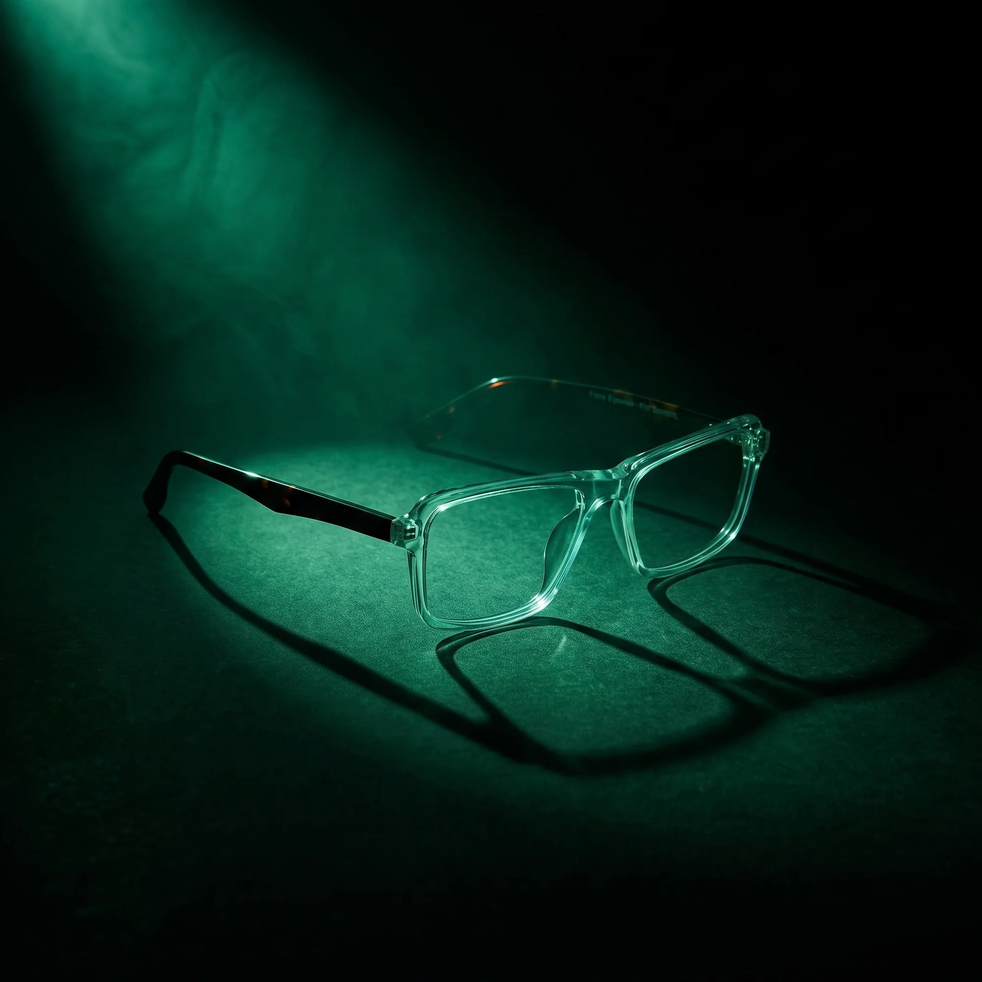 Fiore 1038 eyeglasses in transparent – under a theatrical beam of light