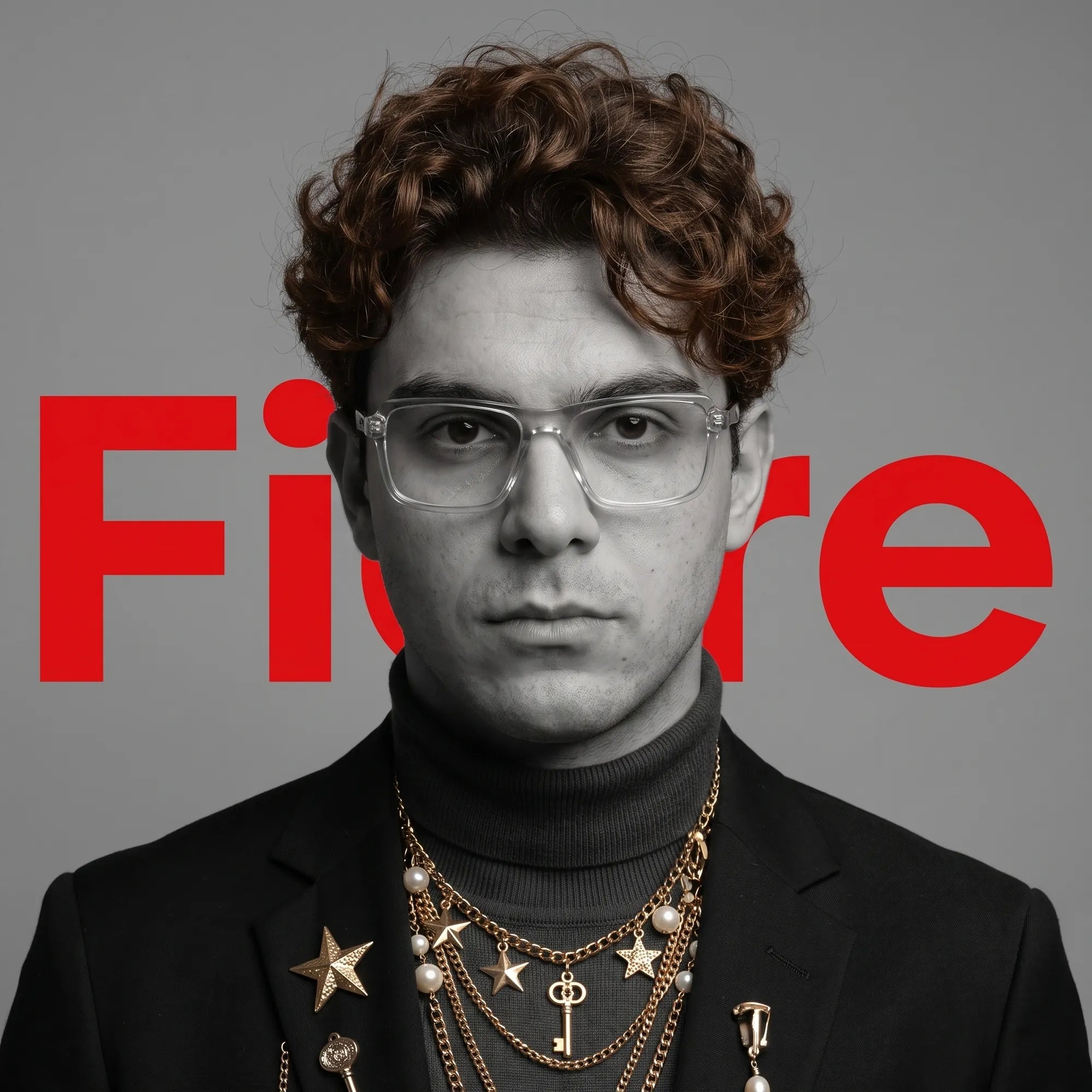 Fiore 1038 eyeglasses in transparent, worn by a model – campaign portrait, graphic studio portrait with bold red shapes