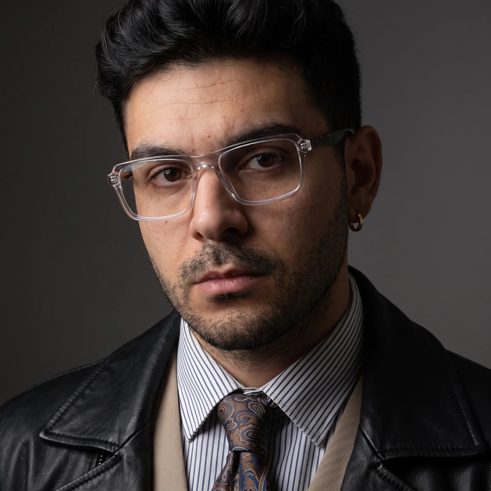 Fiore 1038 eyeglasses in transparent, worn by a model – campaign portrait, minimal studio portrait in soft daylight