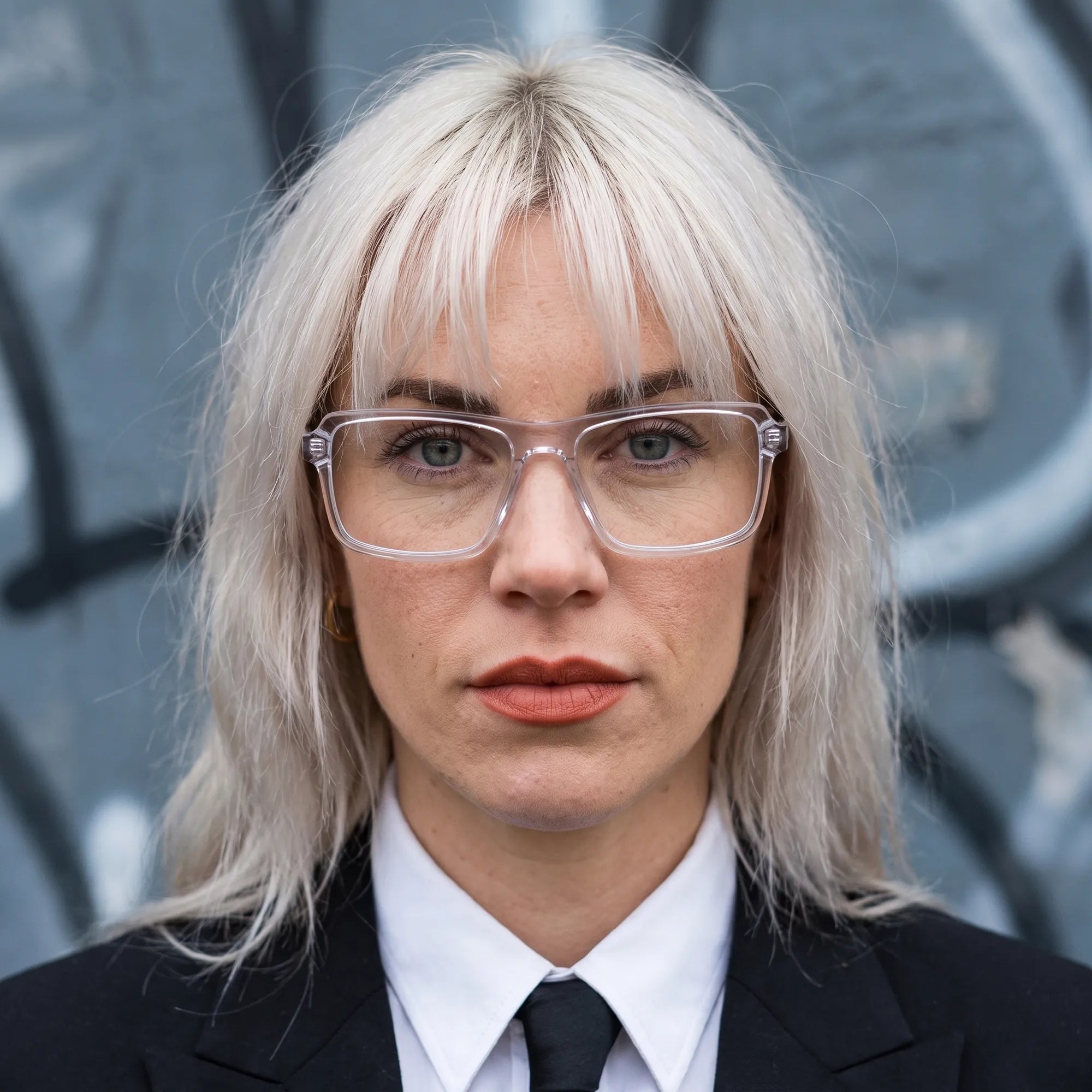 Fiore 1038 eyeglasses in transparent, worn by a model – campaign portrait, confident portrait with gold chain necklace