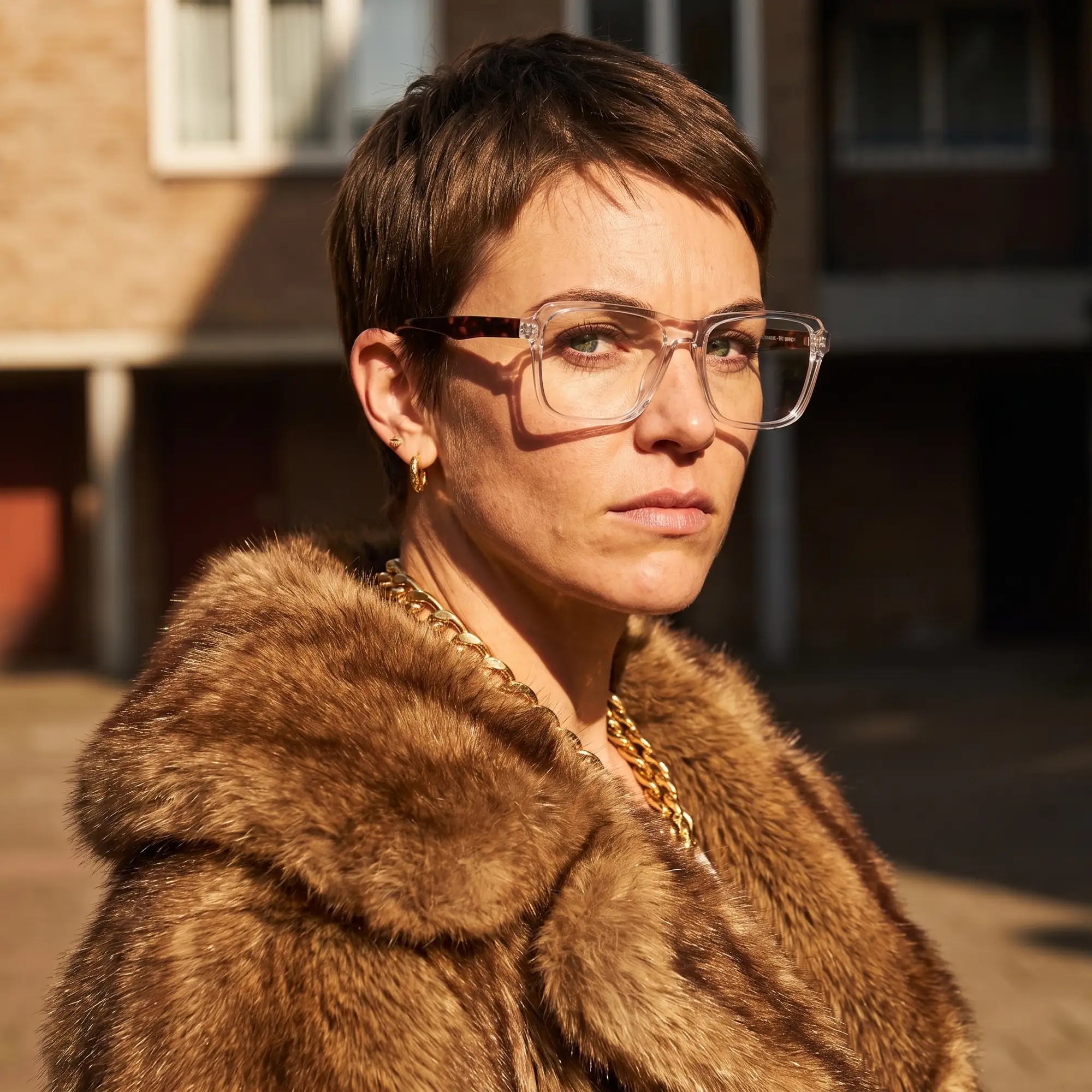 Fiore 1038 eyeglasses in transparent, worn by a model – campaign portrait, street portrait rooted in city heritage