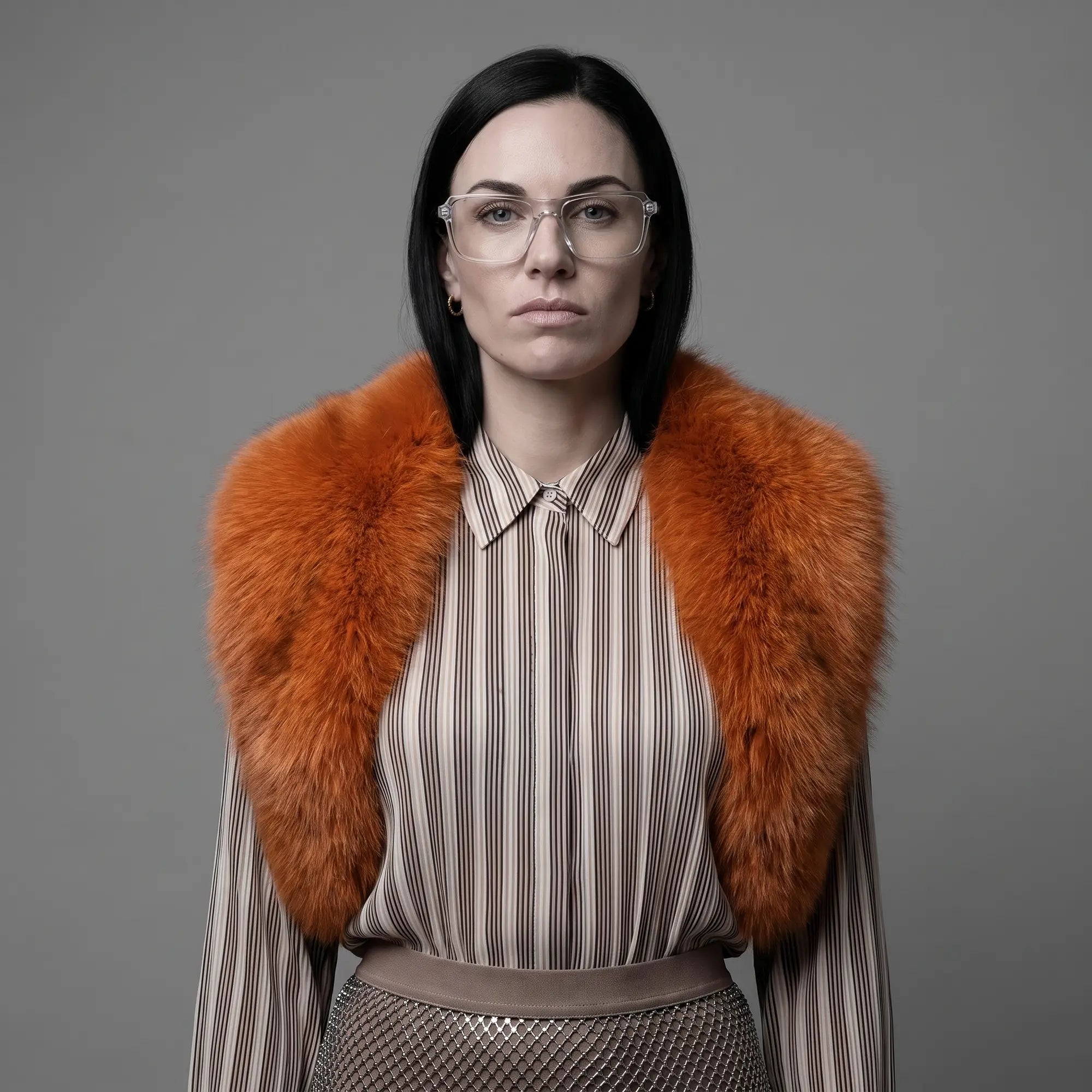 Fiore 1038 eyeglasses in transparent, worn by a model – campaign portrait, bold studio pose in vintage tweed