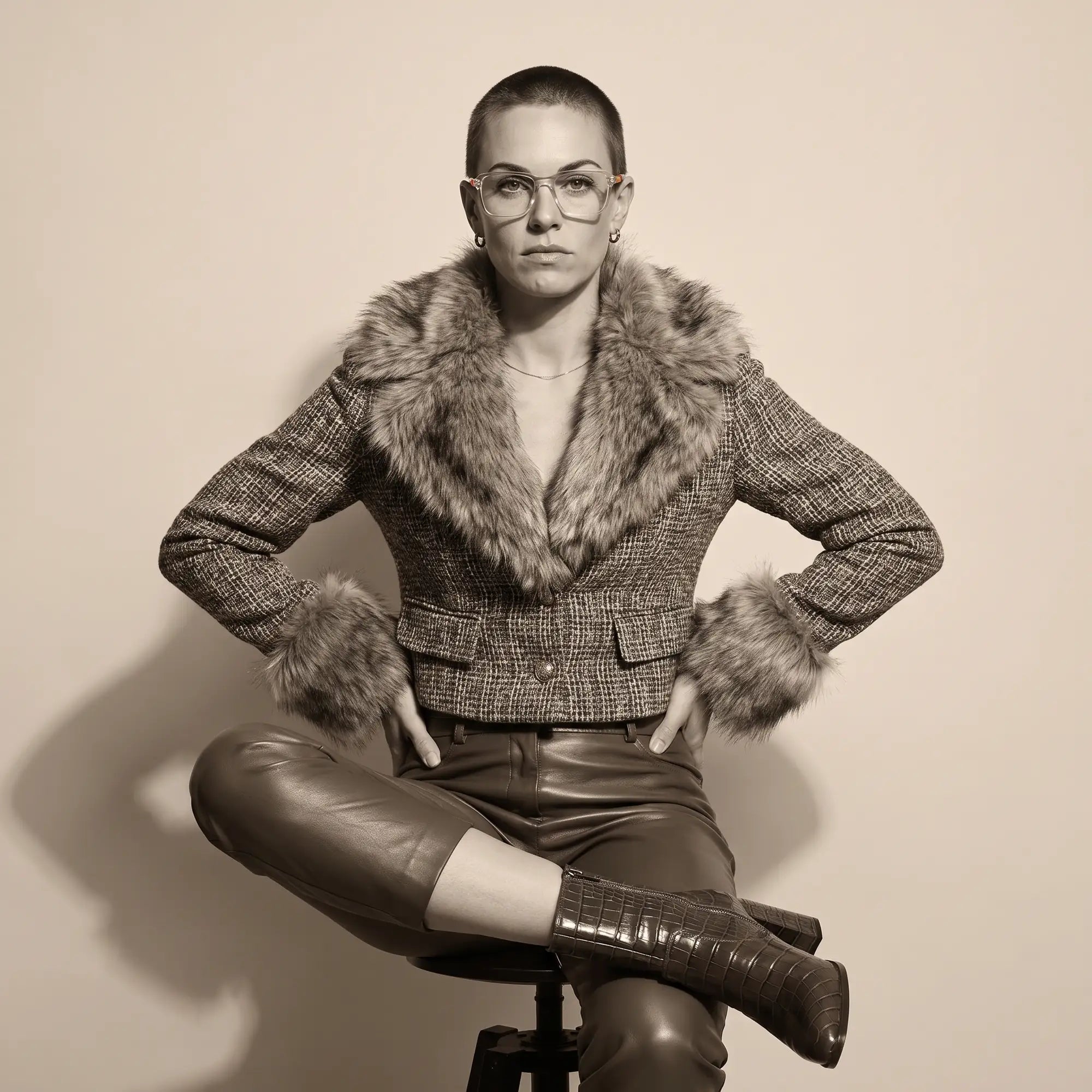 Fiore 1038 eyeglasses in transparent, worn by a model – campaign portrait, full-length studio portrait in tweed and leather