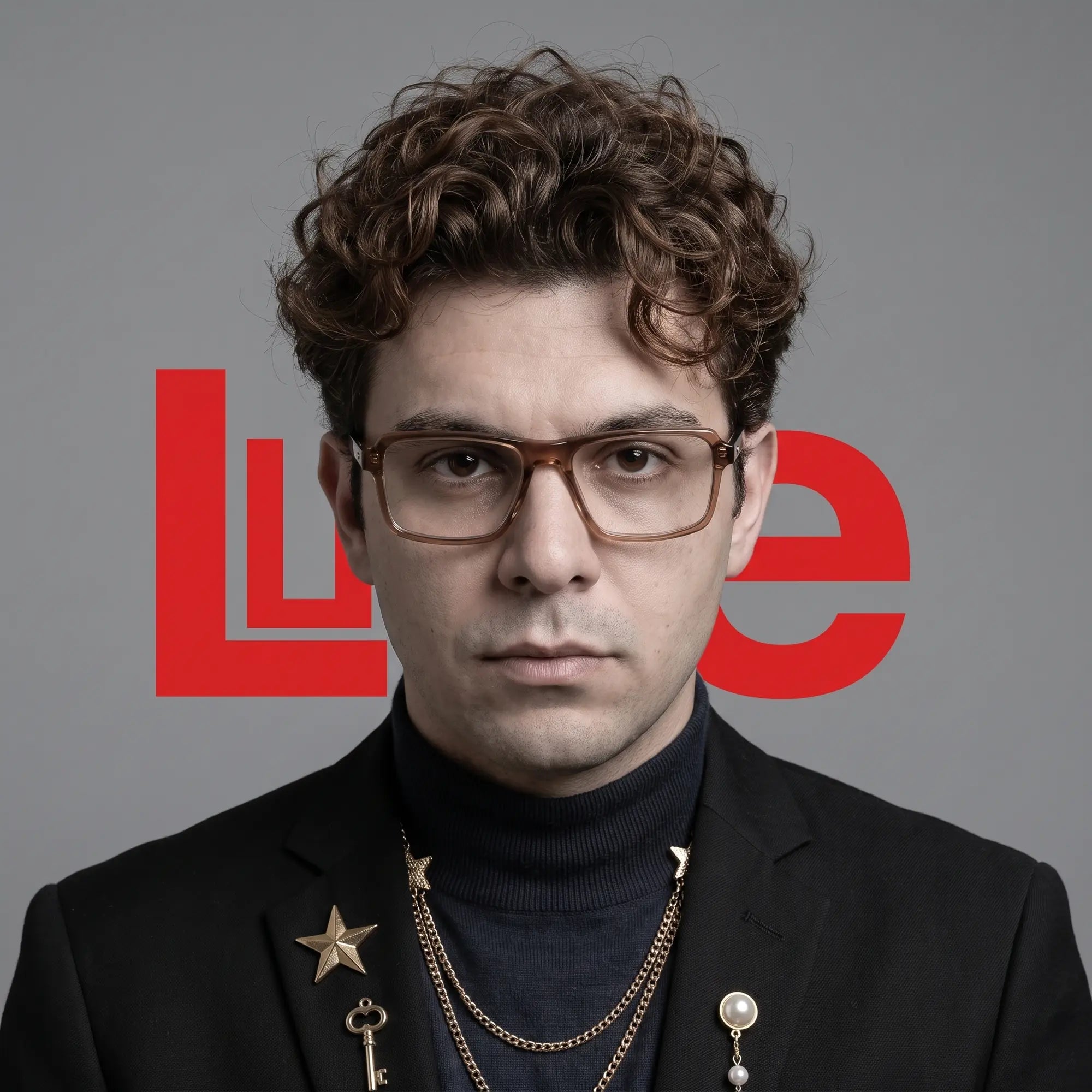 Fiore 1038 eyeglasses in brown, worn by a model – campaign portrait, graphic studio portrait with bold red shapes