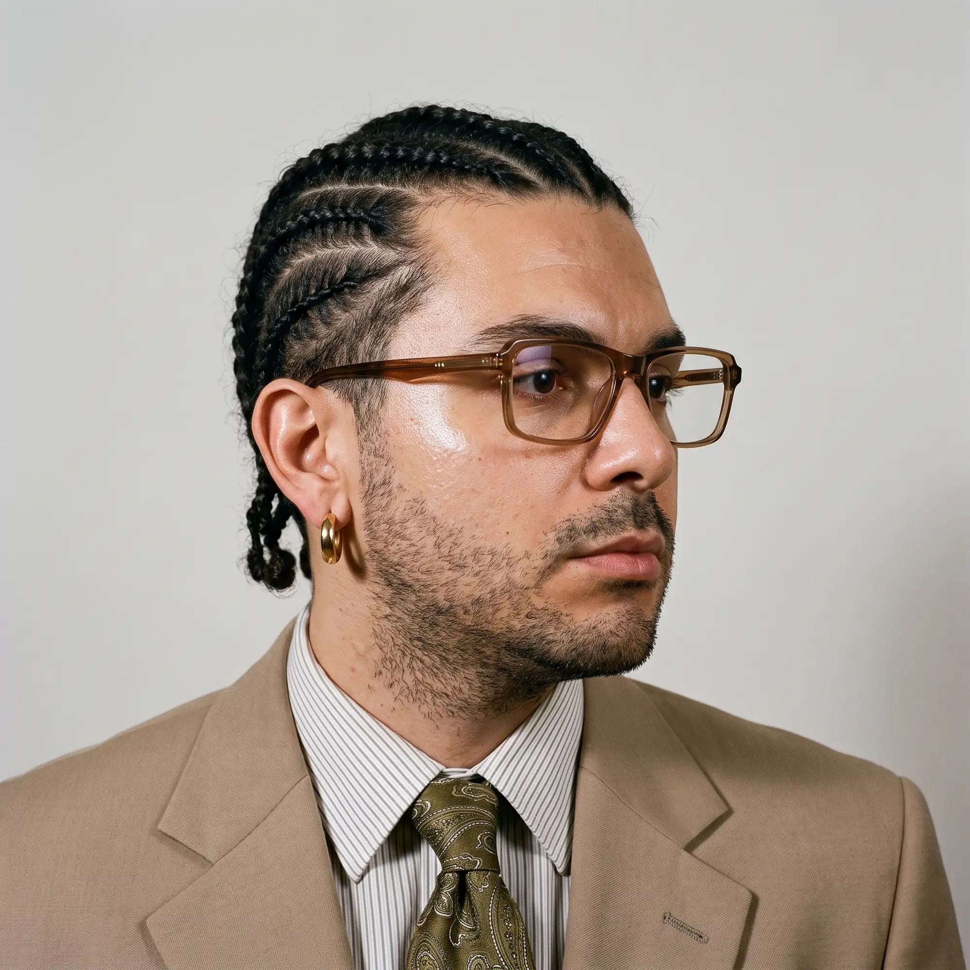 Fiore 1038 eyeglasses in brown, worn by a model – campaign portrait, clean beige studio three-quarter portrait