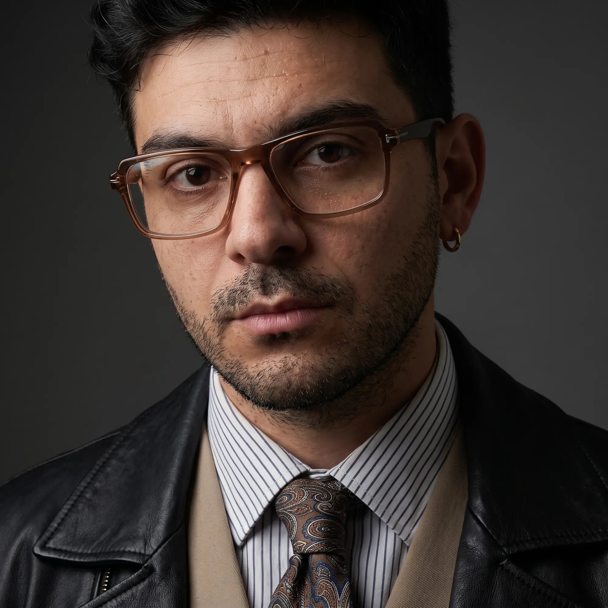 Fiore 1038 eyeglasses in brown, worn by a model – campaign portrait, minimal studio portrait in soft daylight