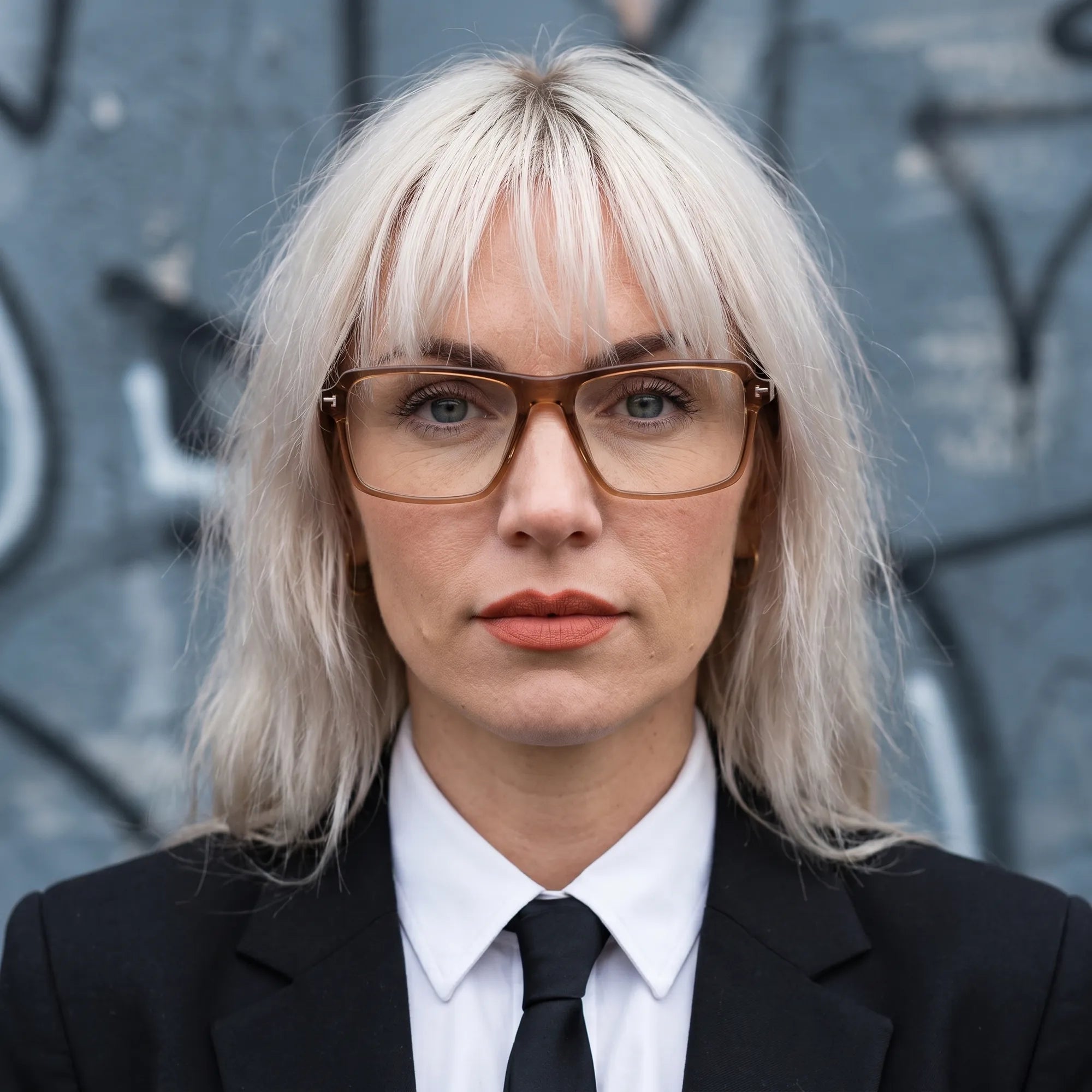 Fiore 1038 eyeglasses in brown, worn by a model – campaign portrait, confident portrait with gold chain necklace