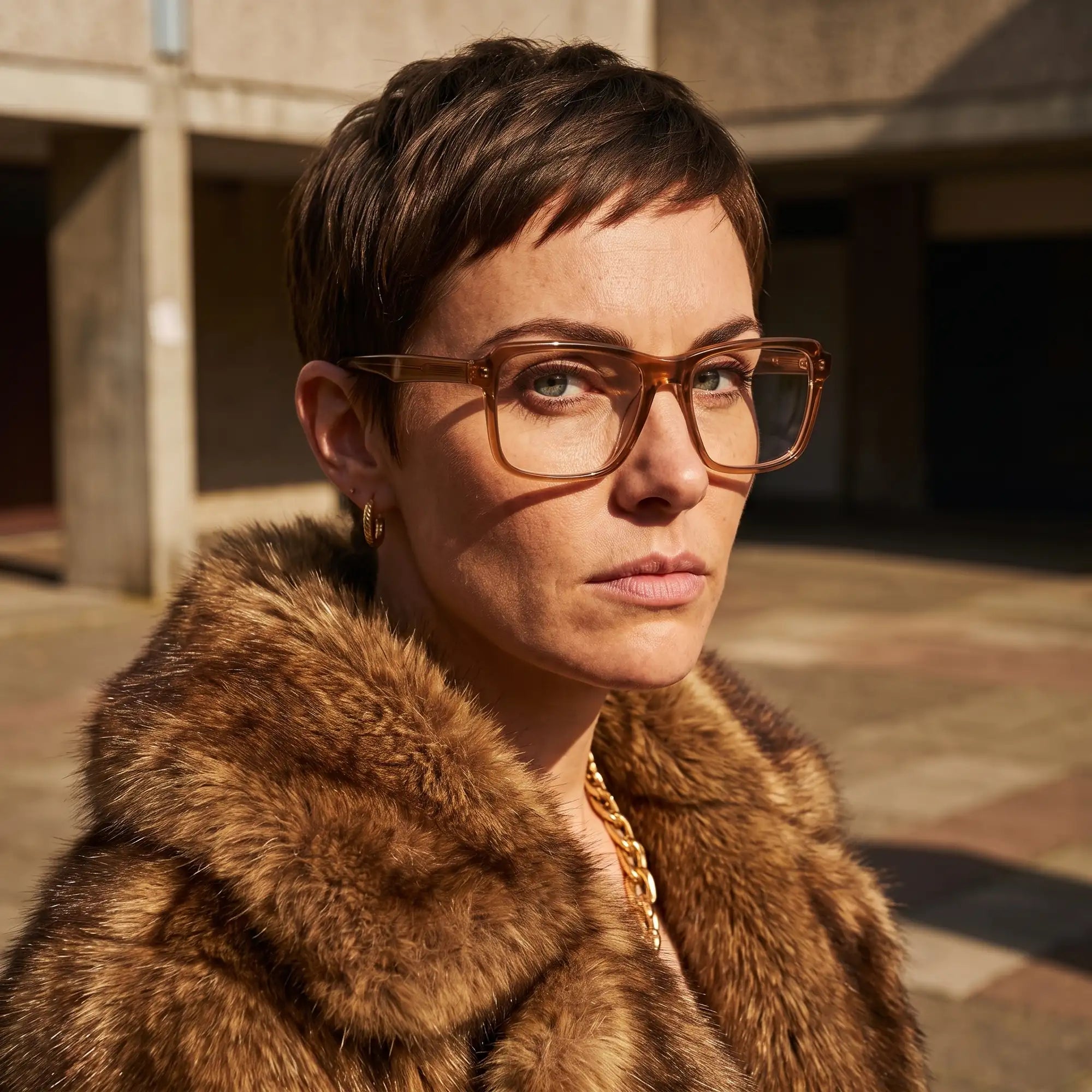 Fiore 1038 eyeglasses in brown, worn by a model – campaign portrait, street portrait rooted in city heritage