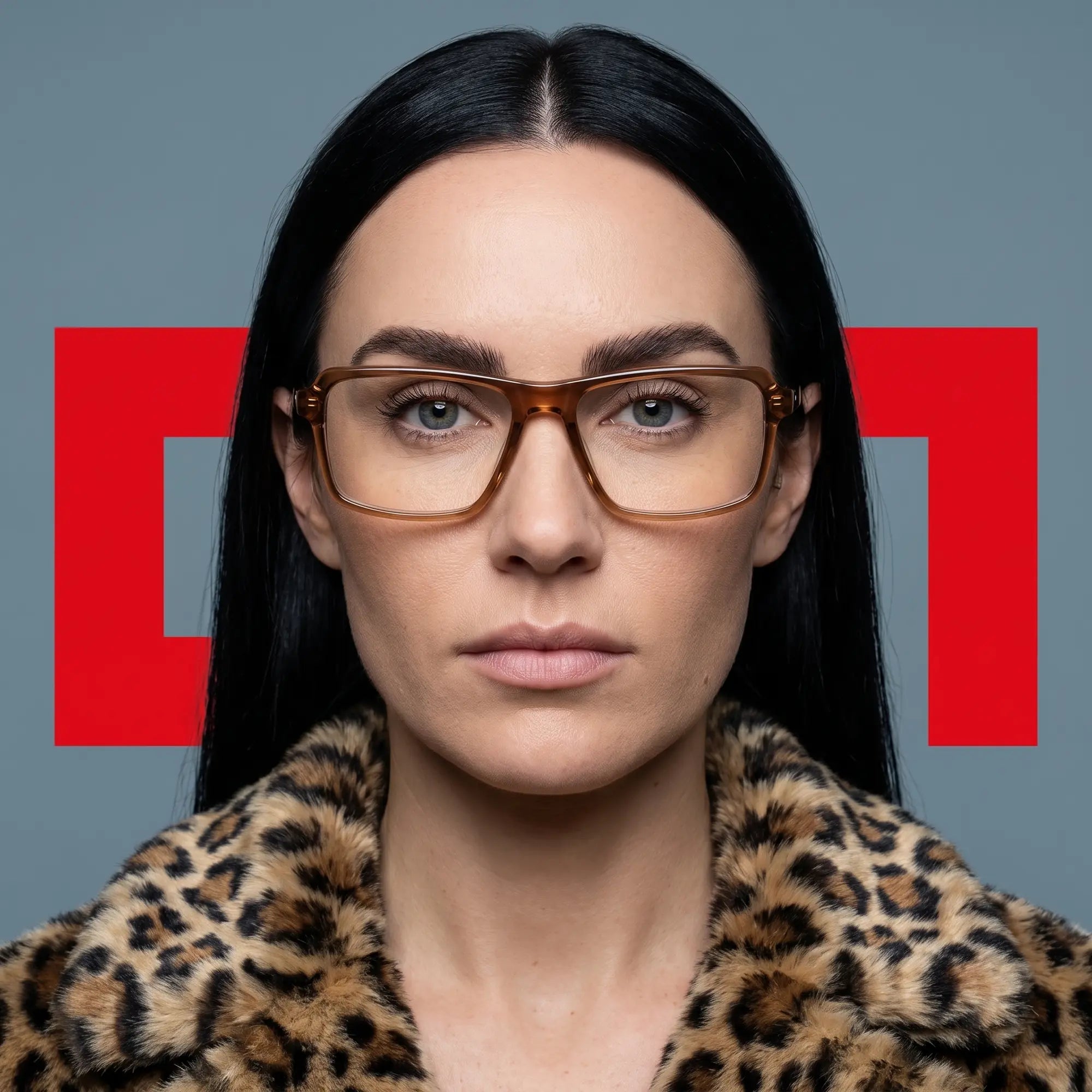 Fiore 1038 eyeglasses in brown, worn by a model – campaign portrait, studio portrait with sculptural styling