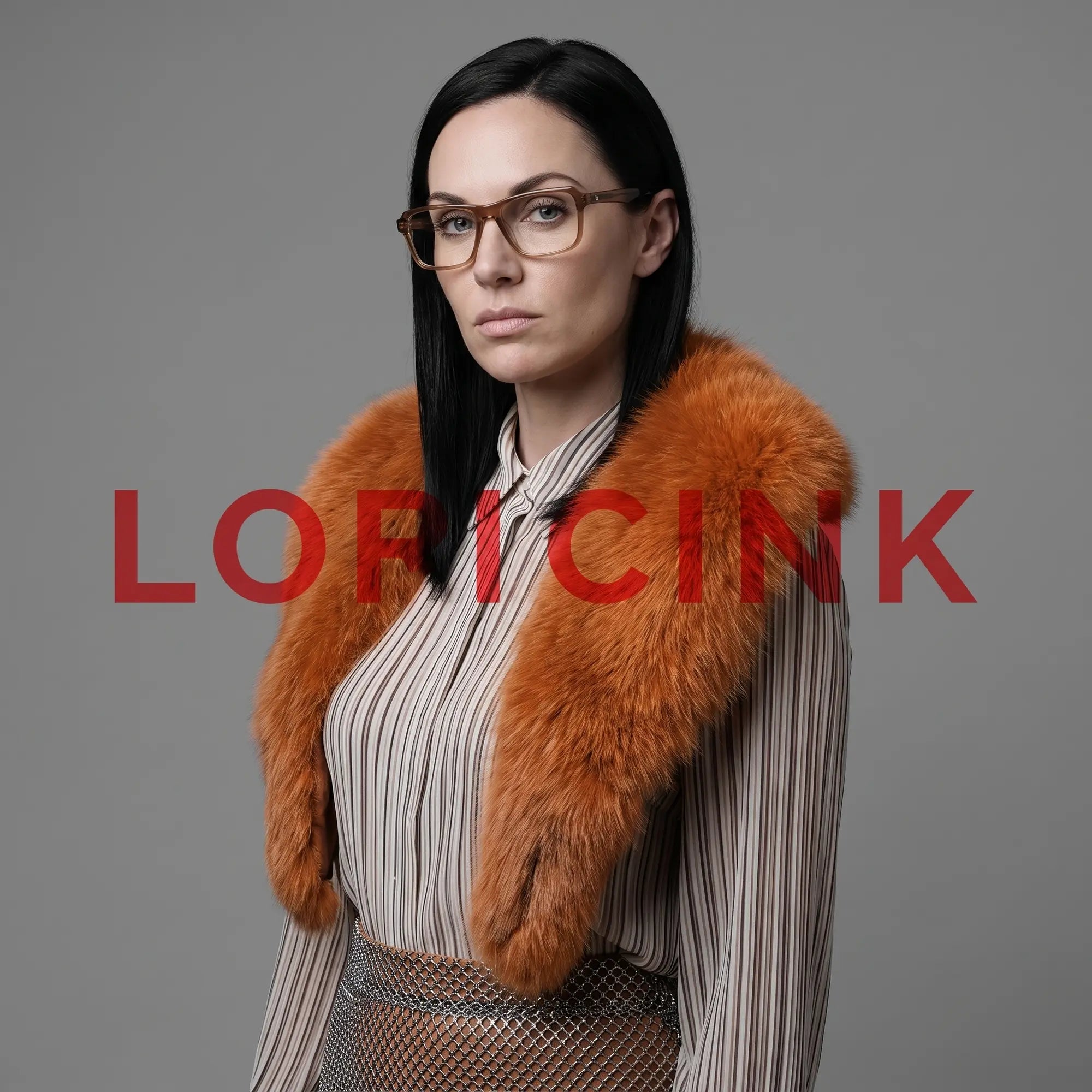 Fiore 1038 eyeglasses in brown, worn by a model – campaign portrait, bold studio pose in vintage tweed