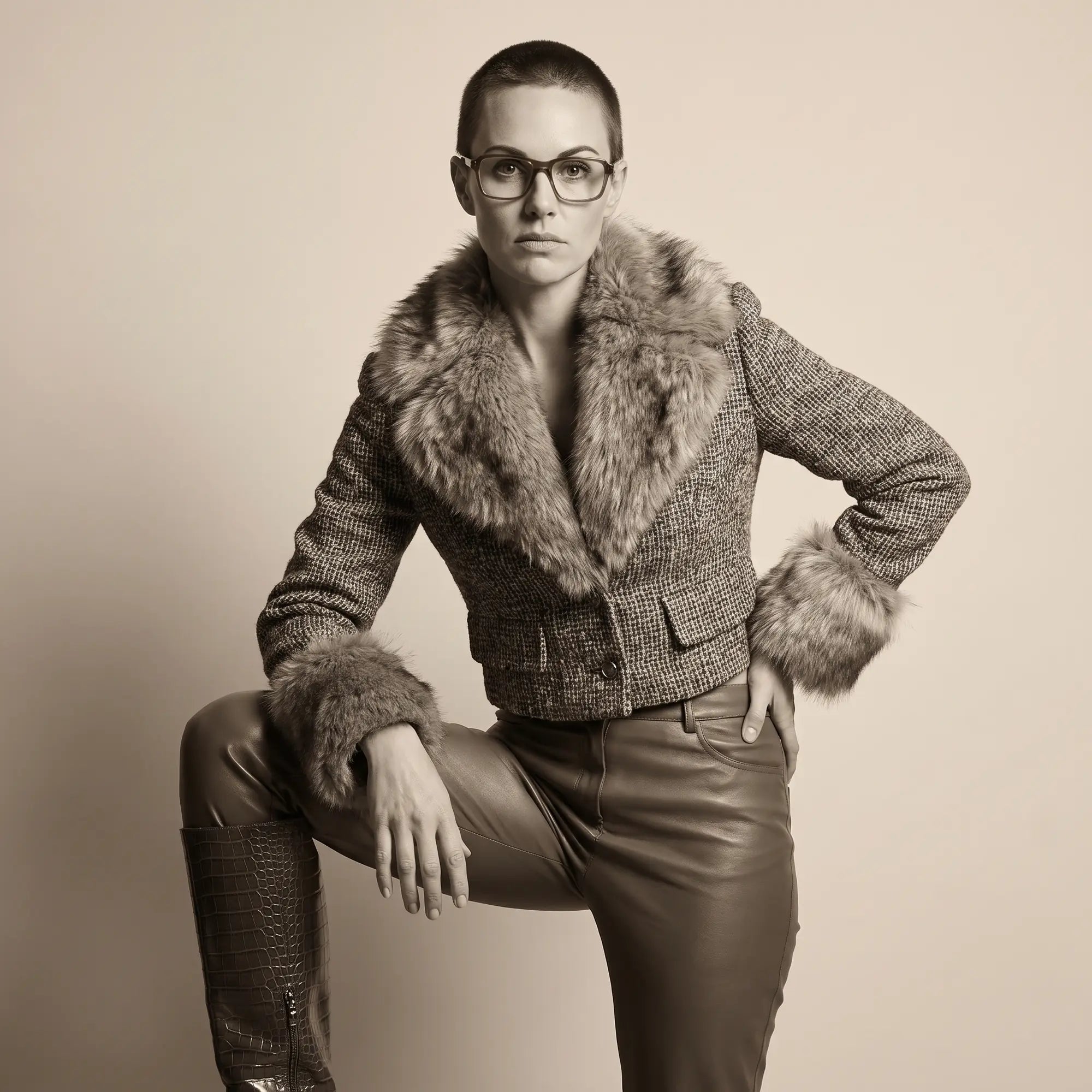 Fiore 1038 eyeglasses in brown, worn by a model – campaign portrait, full-length studio portrait in tweed and leather