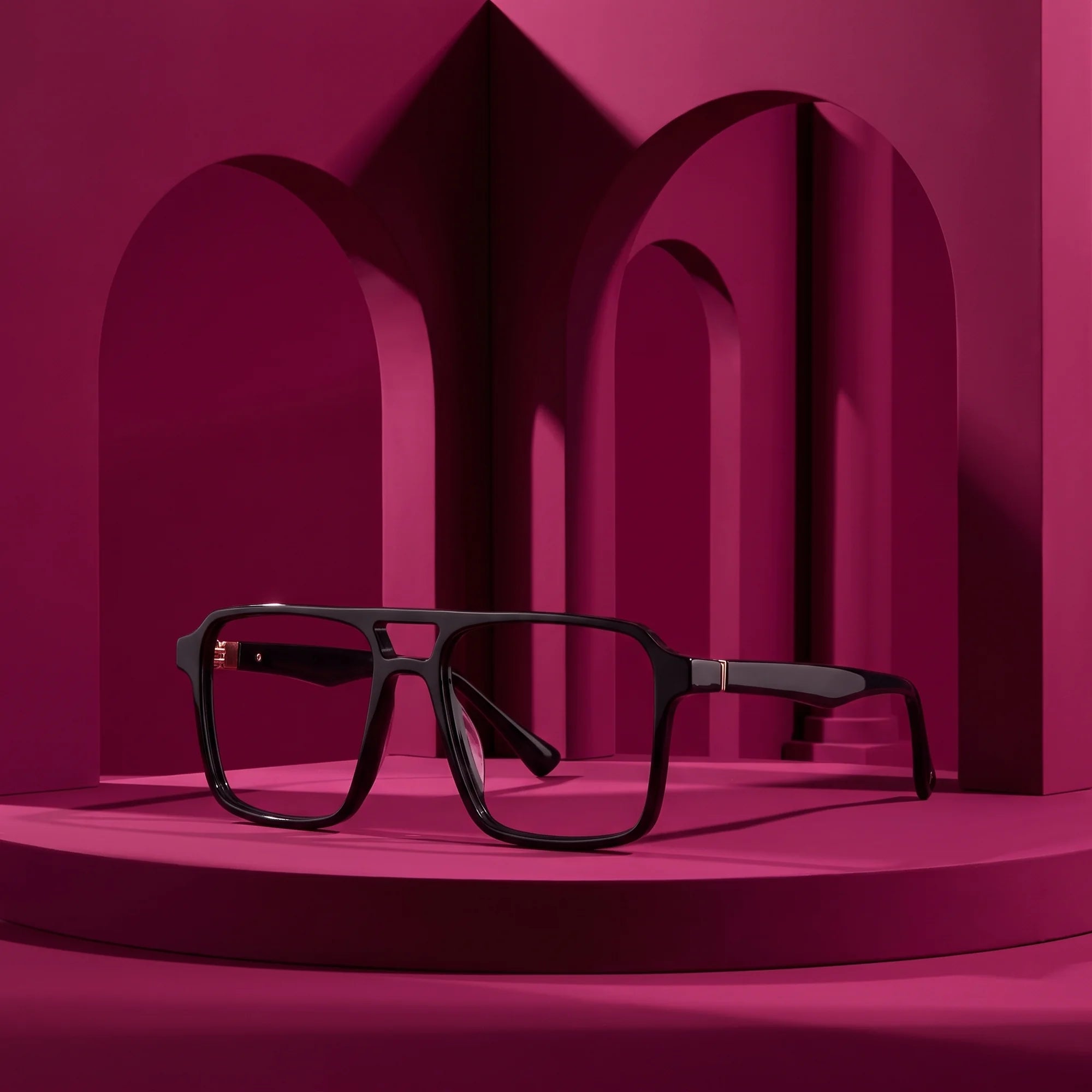 Fiore 1039 eyeglasses in black – staged on a sculptural magenta architecture set