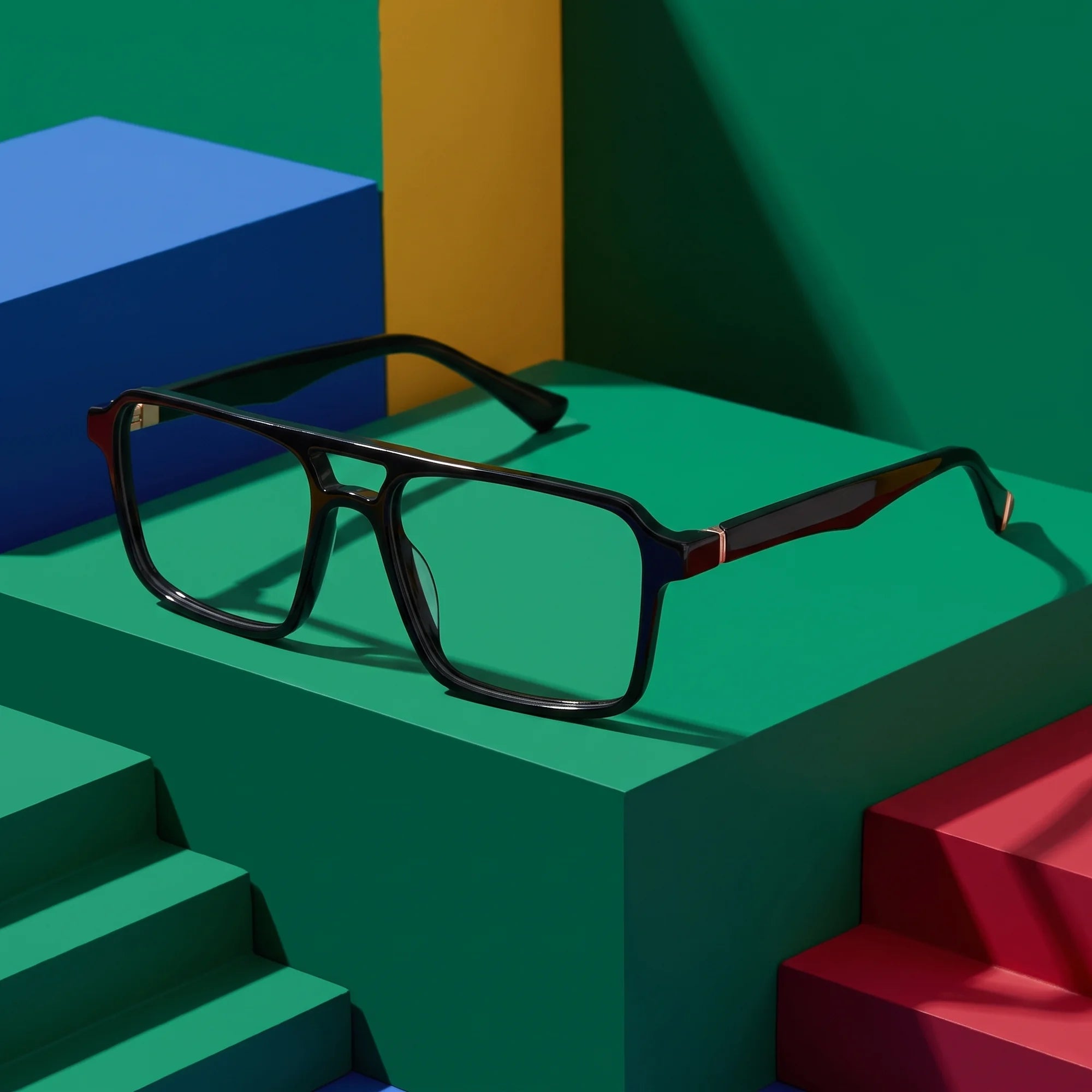 Fiore 1039 eyeglasses in black – on bold primary color-block steps