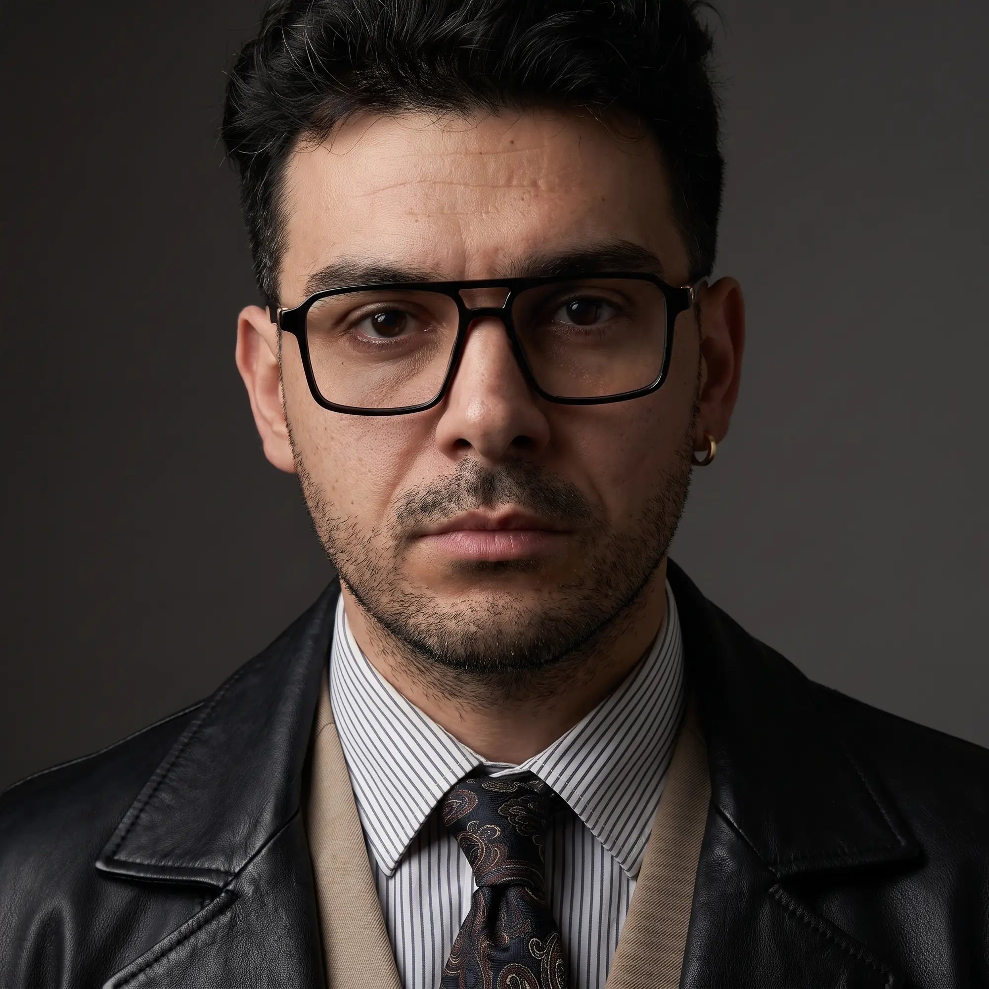 Fiore 1039 eyeglasses in black, worn by a model – campaign portrait, minimal studio portrait in soft daylight