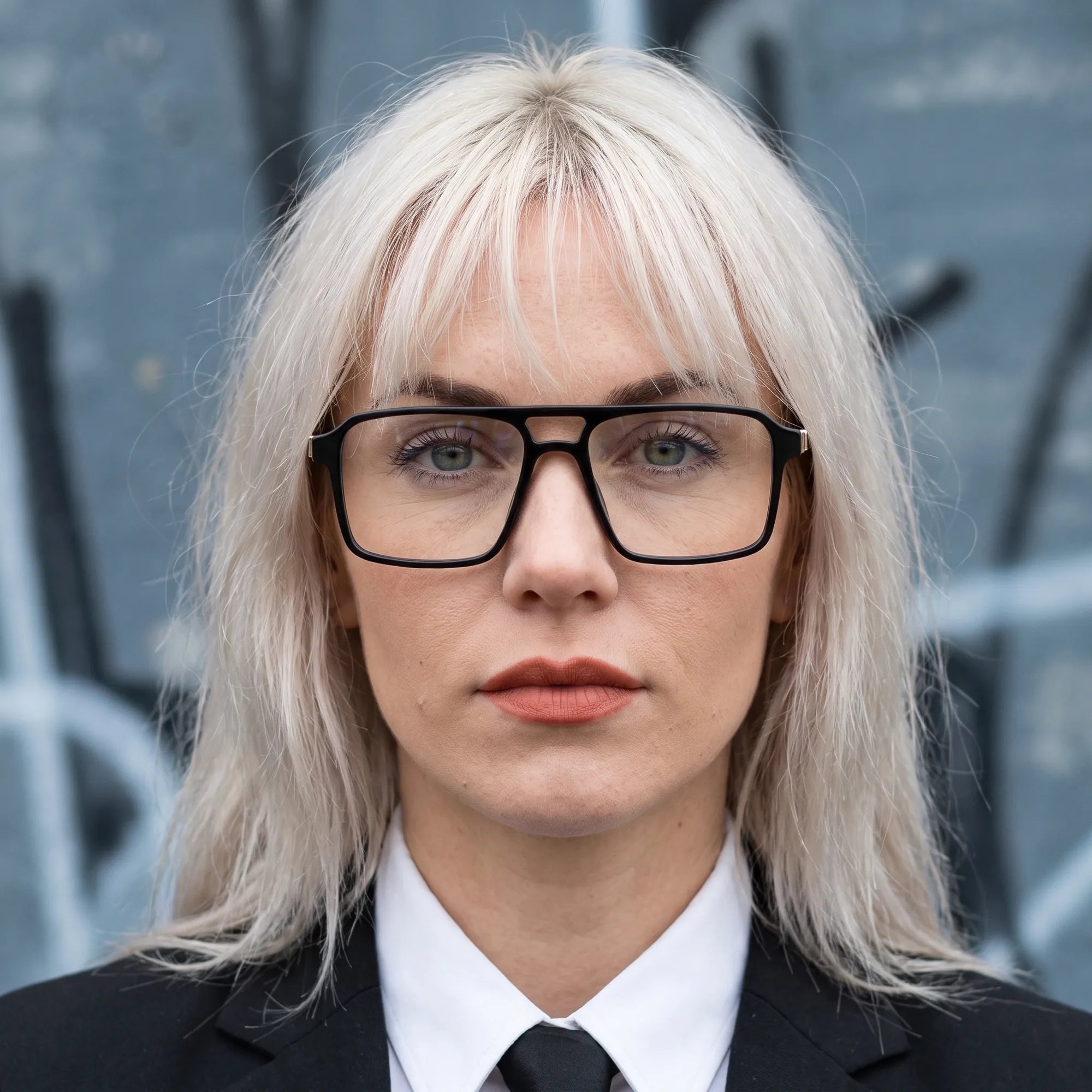 Fiore 1039 eyeglasses in black, worn by a model – campaign portrait, confident portrait with gold chain necklace