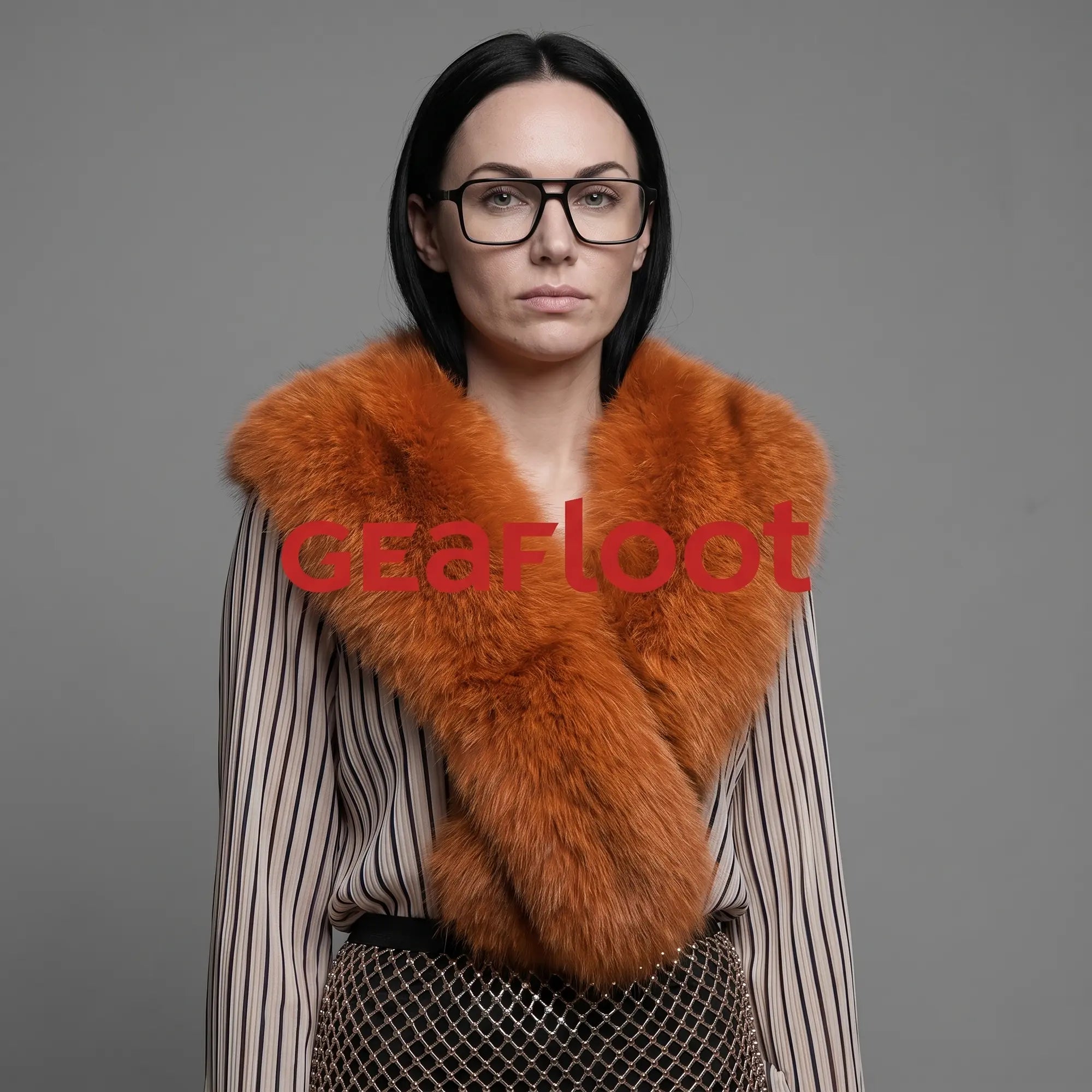 Fiore 1039 eyeglasses in black, worn by a model – campaign portrait, bold studio pose in vintage tweed