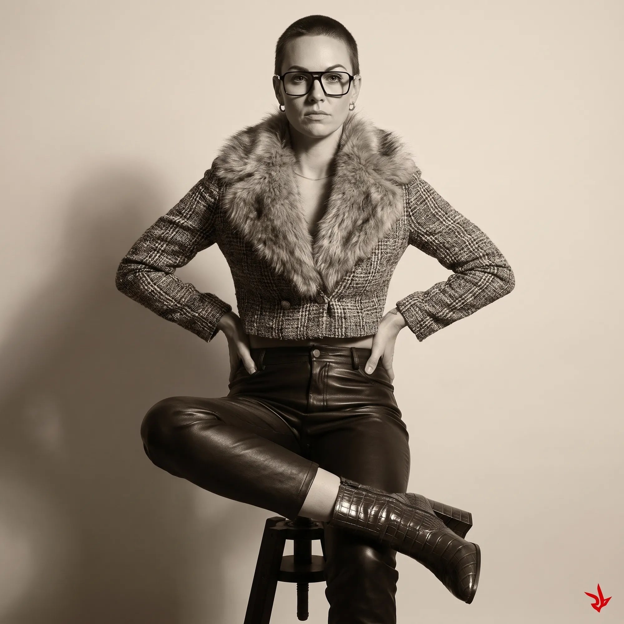 Fiore 1039 eyeglasses in black, worn by a model – campaign portrait, full-length studio portrait in tweed and leather