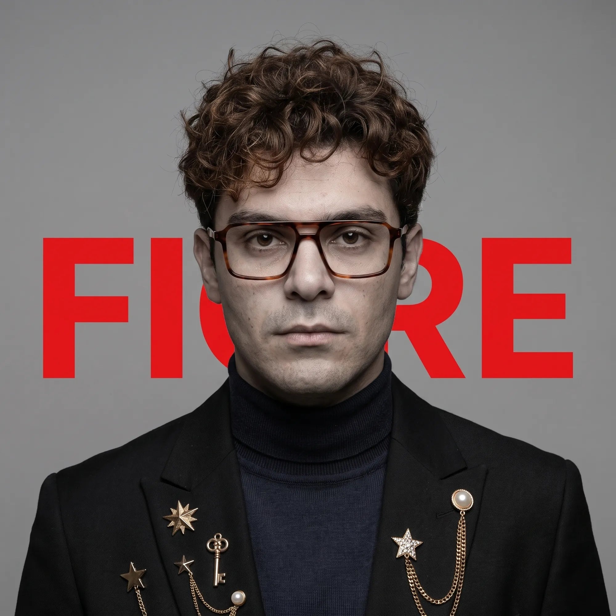 Fiore 1039 eyeglasses in tortoiseshell, worn by a model – campaign portrait, graphic studio portrait with bold red shapes