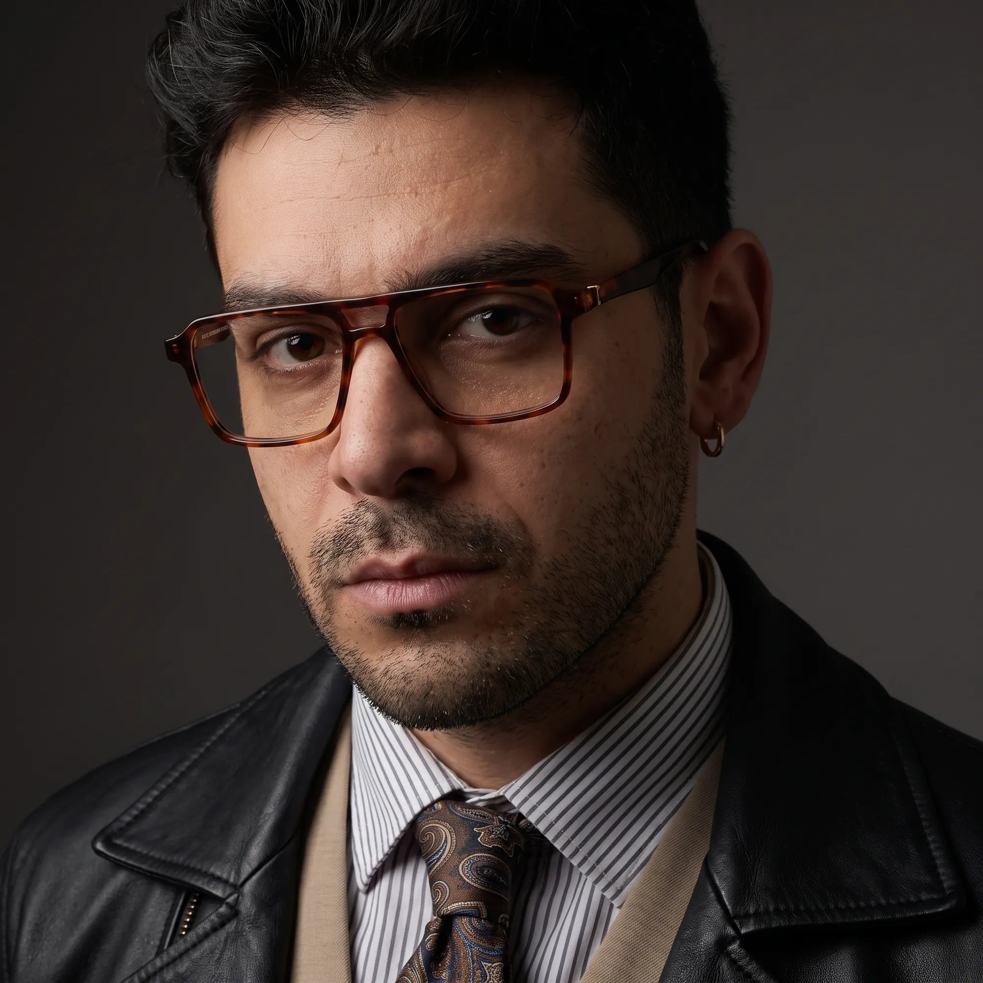 Fiore 1039 eyeglasses in tortoiseshell, worn by a model – campaign portrait, minimal studio portrait in soft daylight