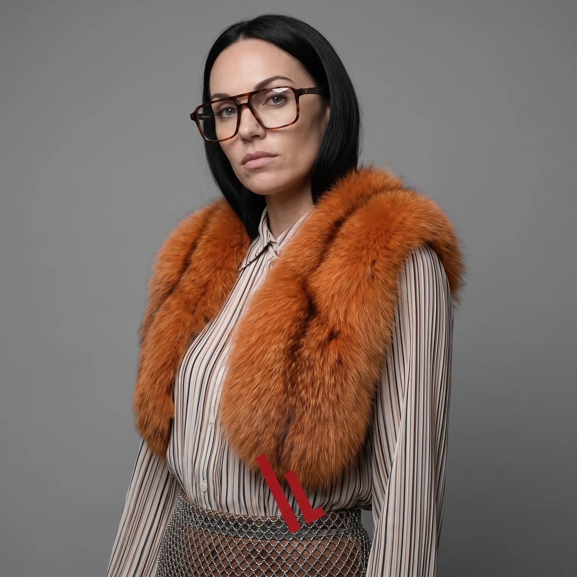 Fiore 1039 eyeglasses in tortoiseshell, worn by a model – campaign portrait, bold studio pose in vintage tweed