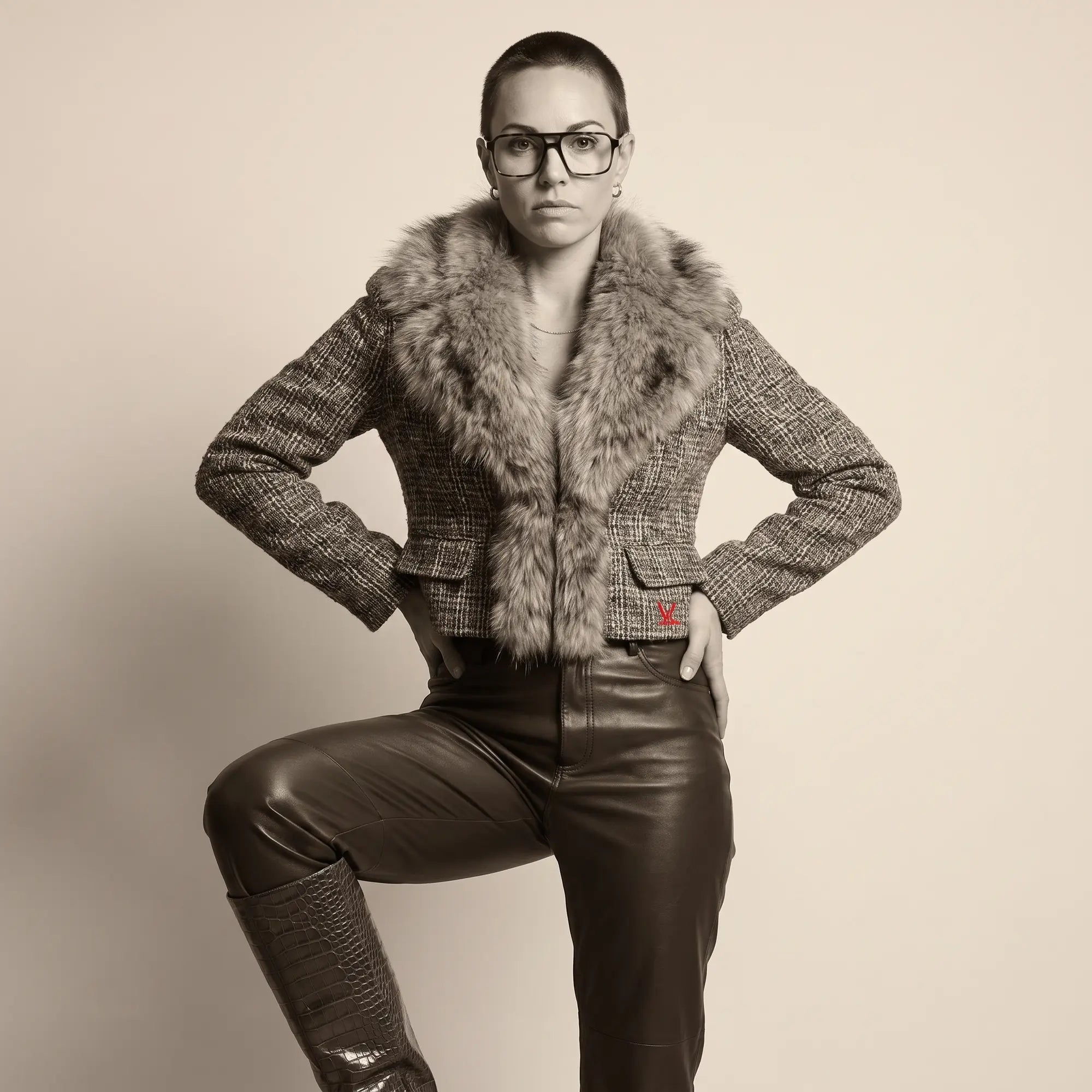 Fiore 1039 eyeglasses in tortoiseshell, worn by a model – campaign portrait, full-length studio portrait in tweed and leather