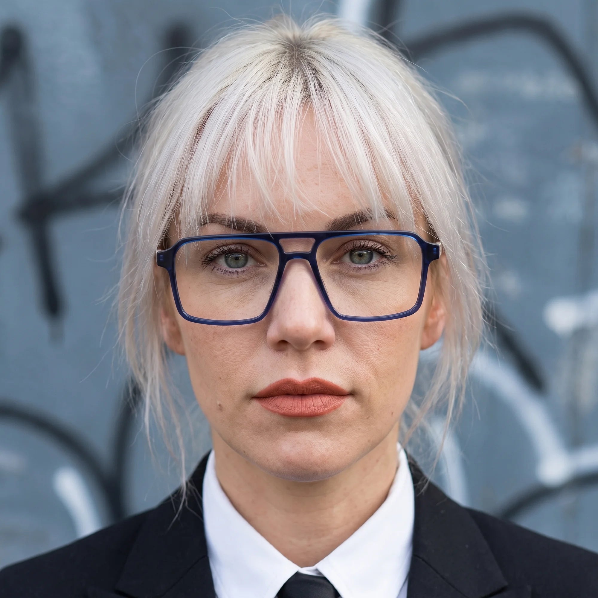 Fiore 1039 eyeglasses in blue, worn by a model – campaign portrait, confident portrait with gold chain necklace