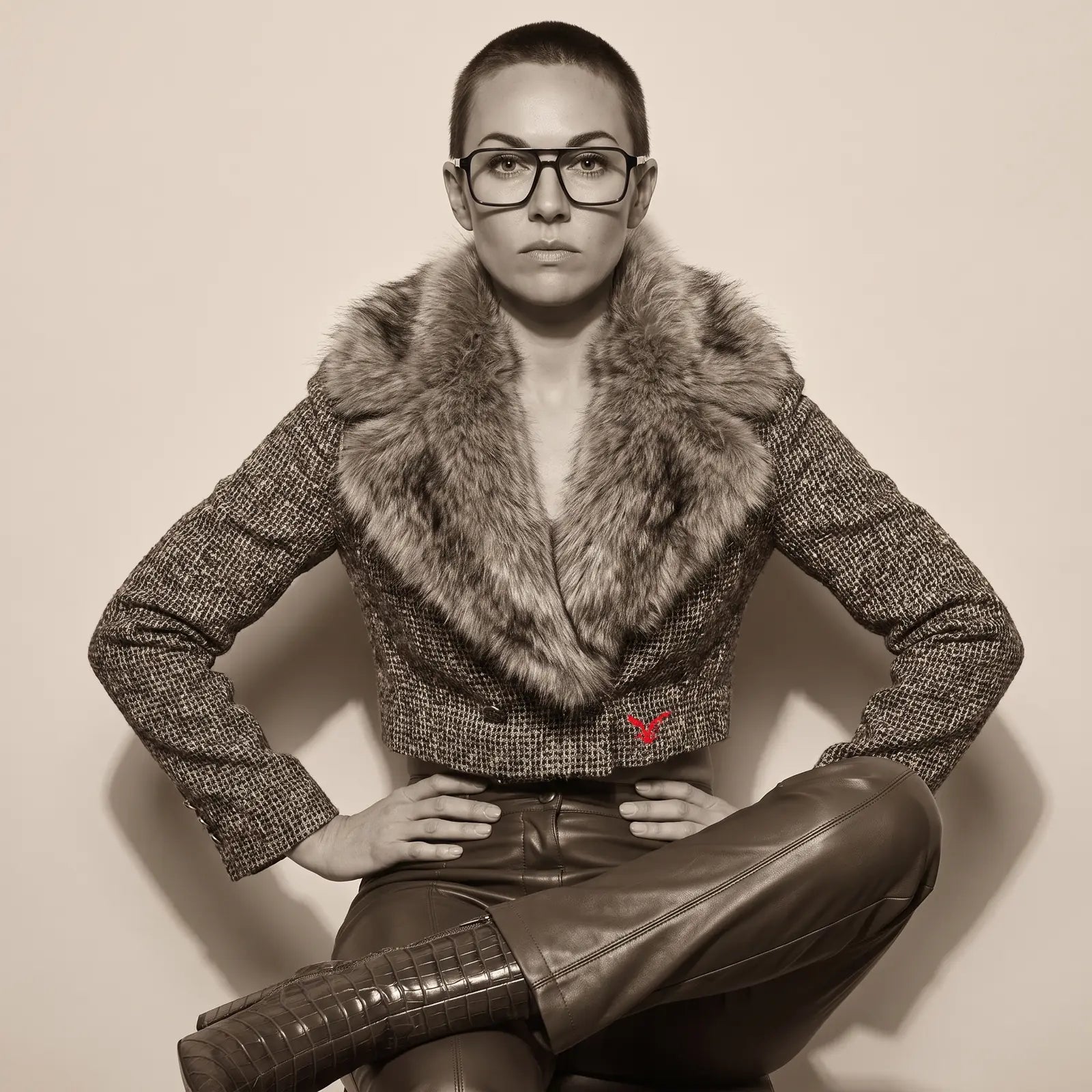 Fiore 1039 eyeglasses in blue, worn by a model – campaign portrait, full-length studio portrait in tweed and leather