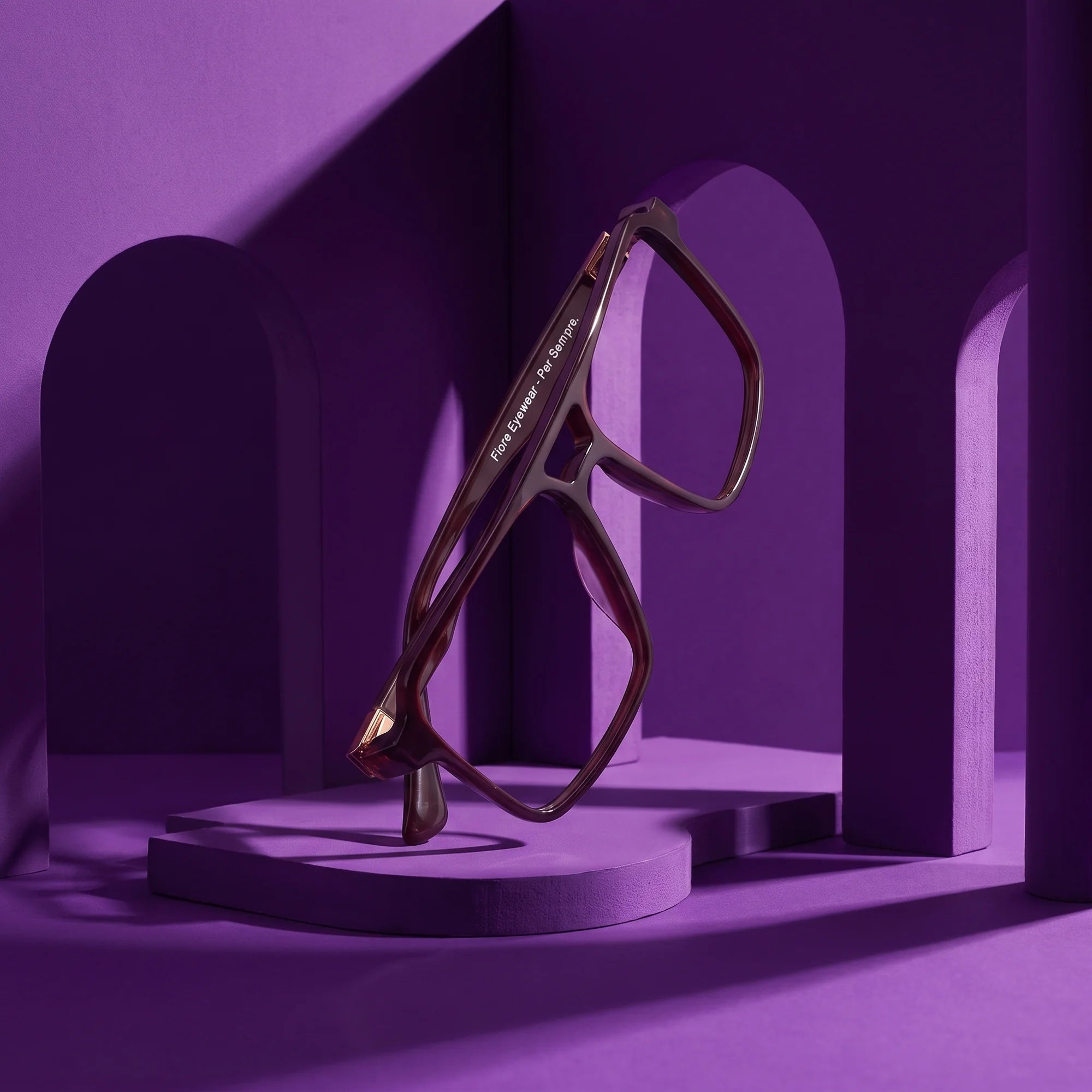 Fiore 1039 eyeglasses in brown – still life among monochrome violet arches