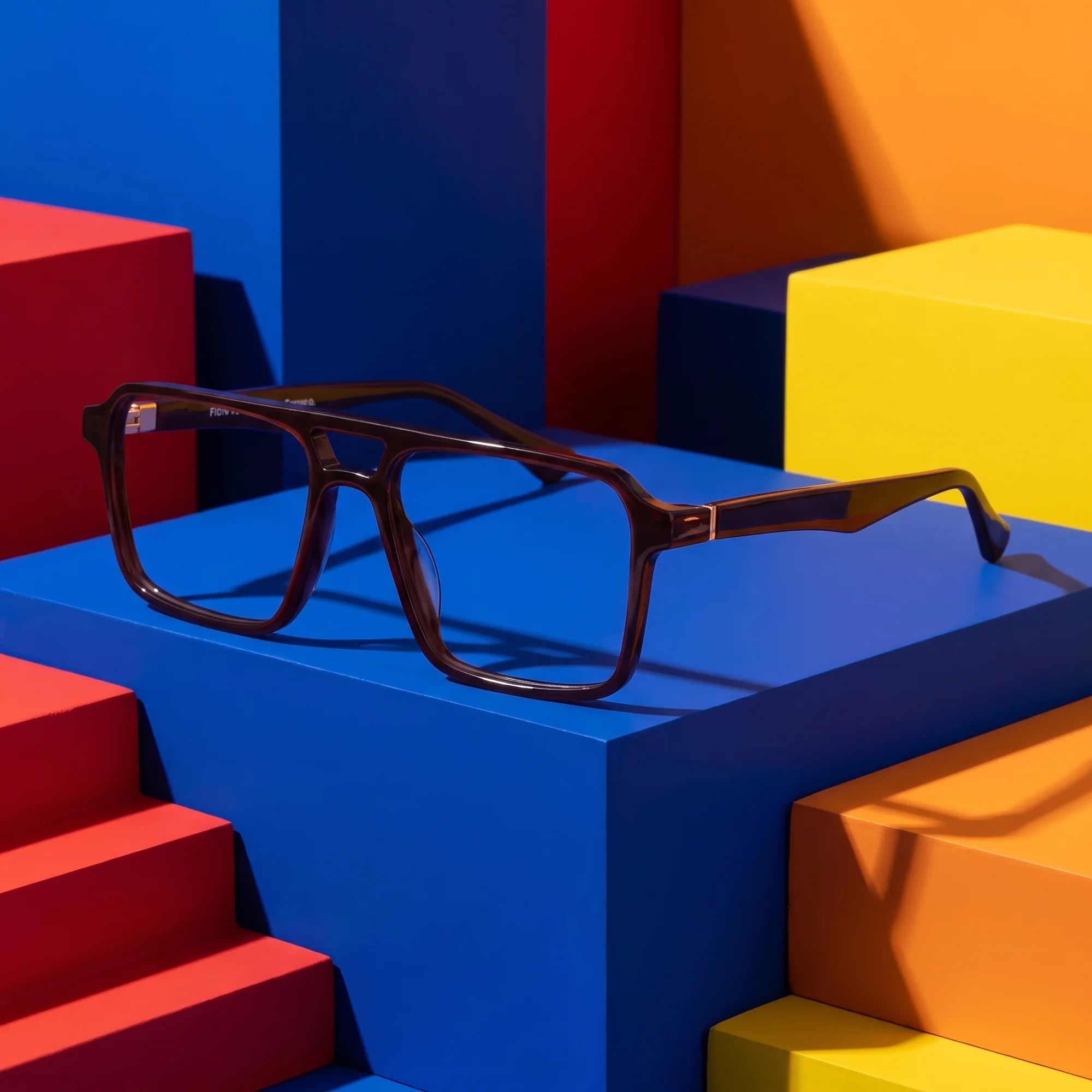 Fiore 1039 eyeglasses in brown – on bold primary color-block steps