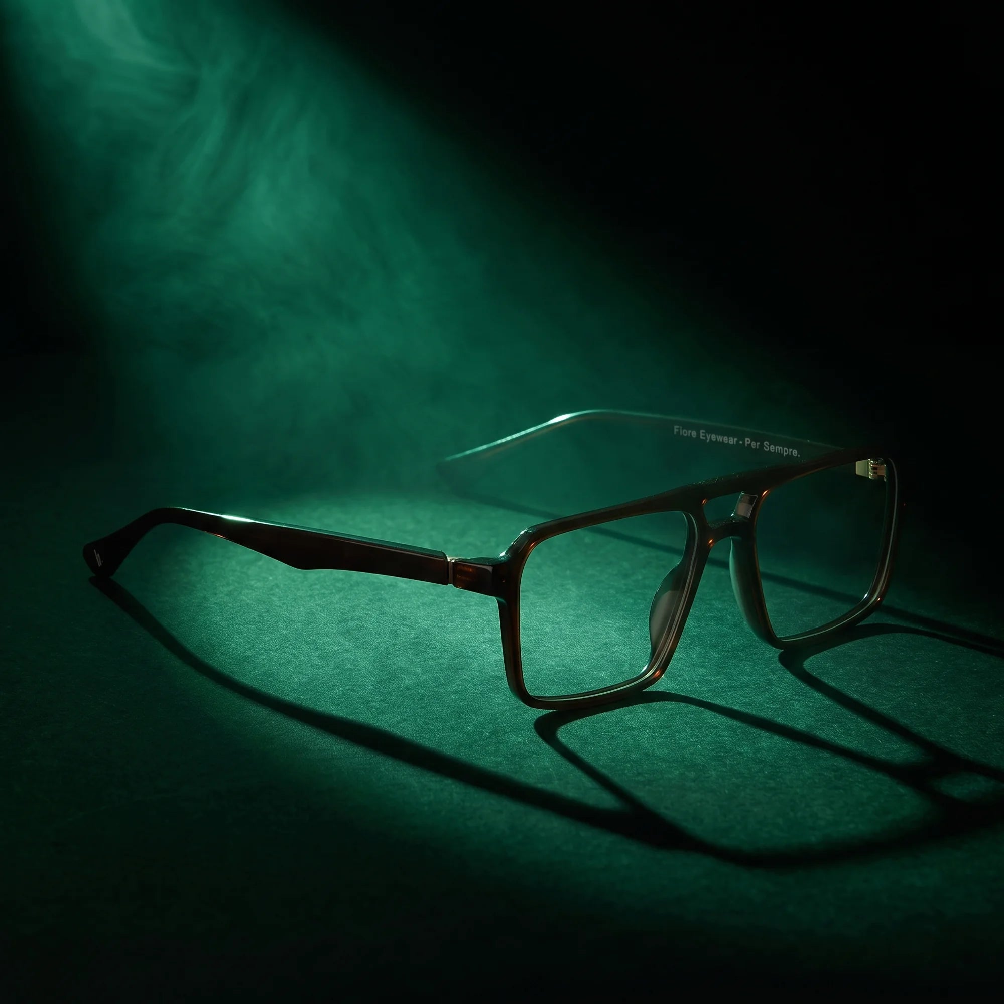 Fiore 1039 eyeglasses in brown – under a theatrical beam of light