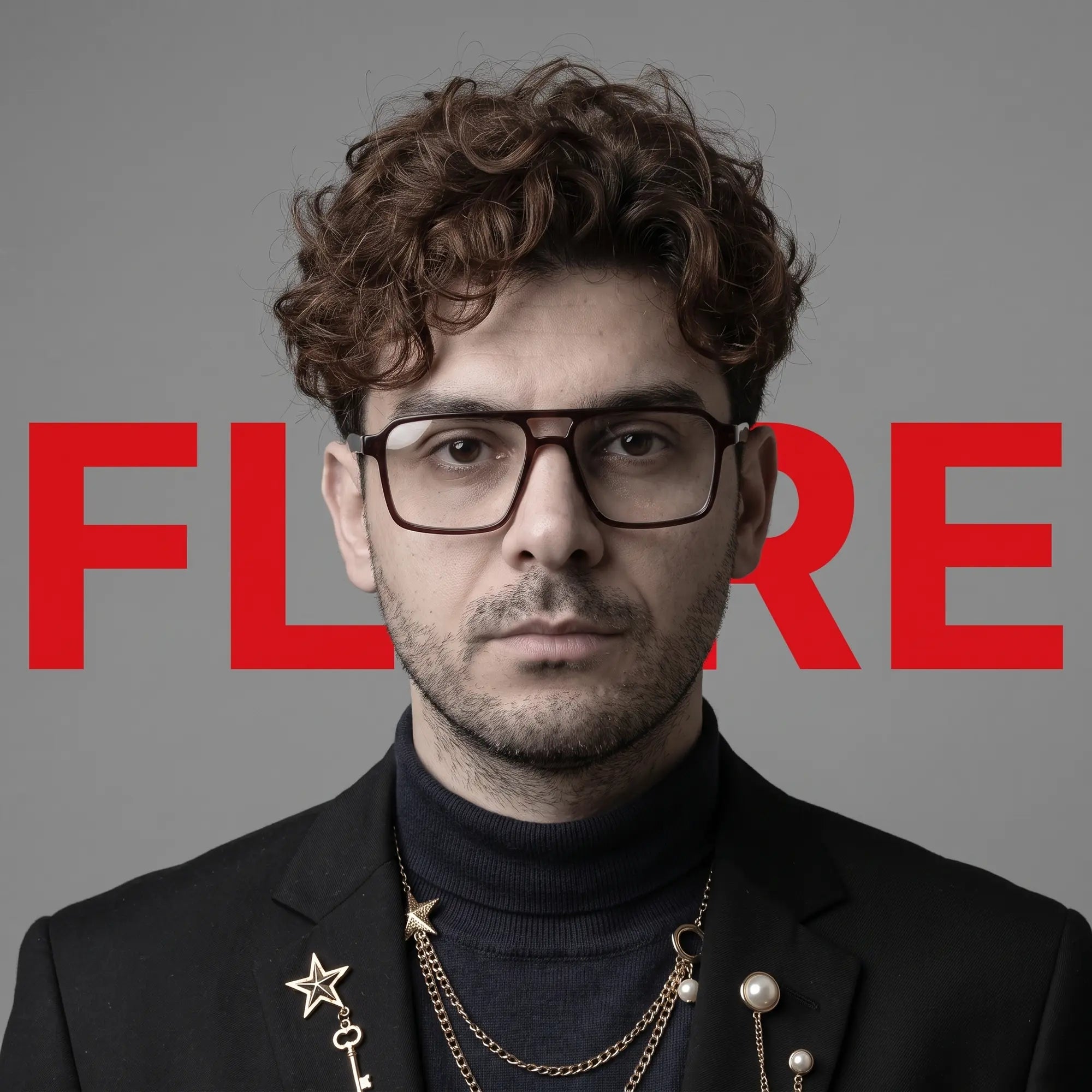 Fiore 1039 eyeglasses in brown, worn by a model – campaign portrait, graphic studio portrait with bold red shapes
