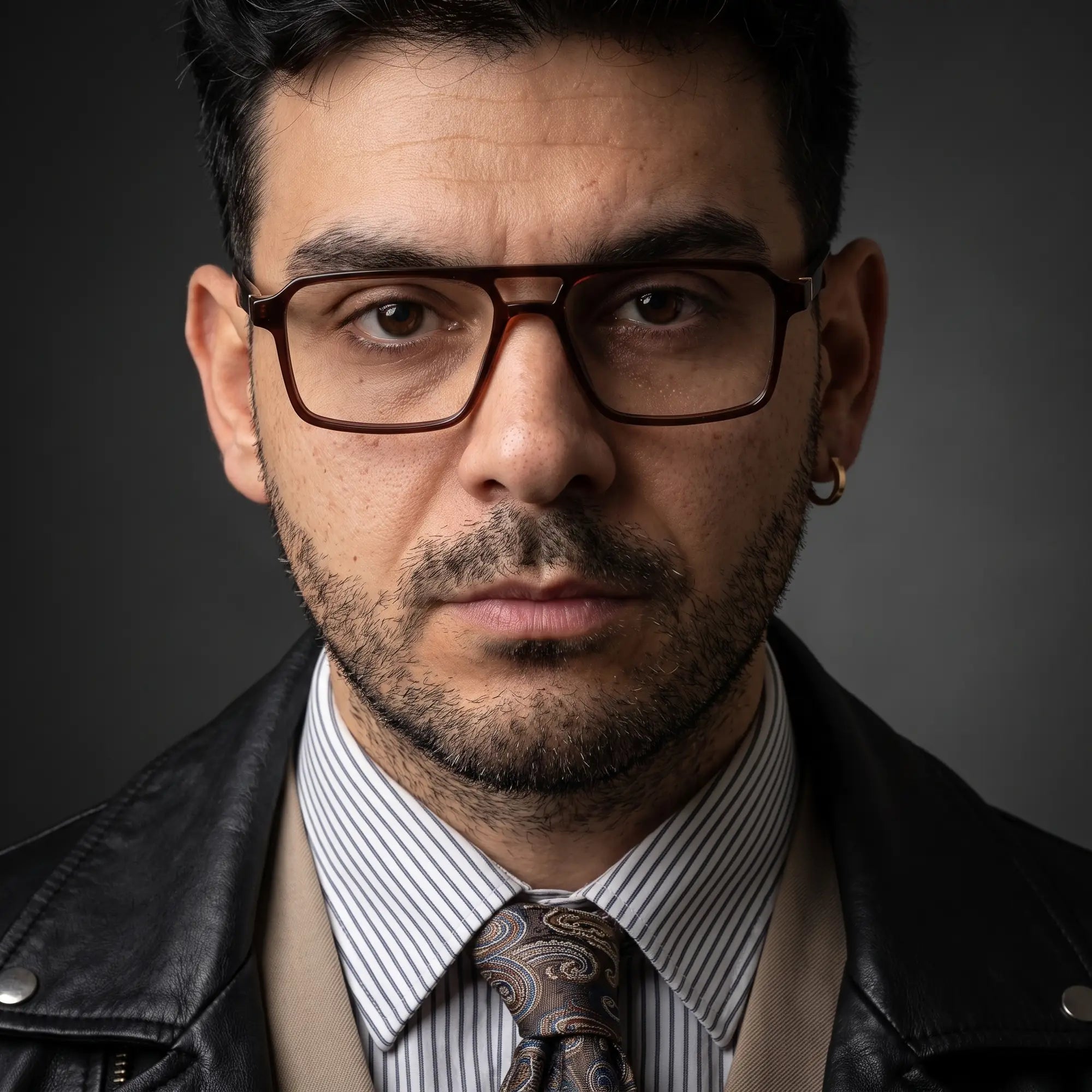 Fiore 1039 eyeglasses in brown, worn by a model – campaign portrait, minimal studio portrait in soft daylight