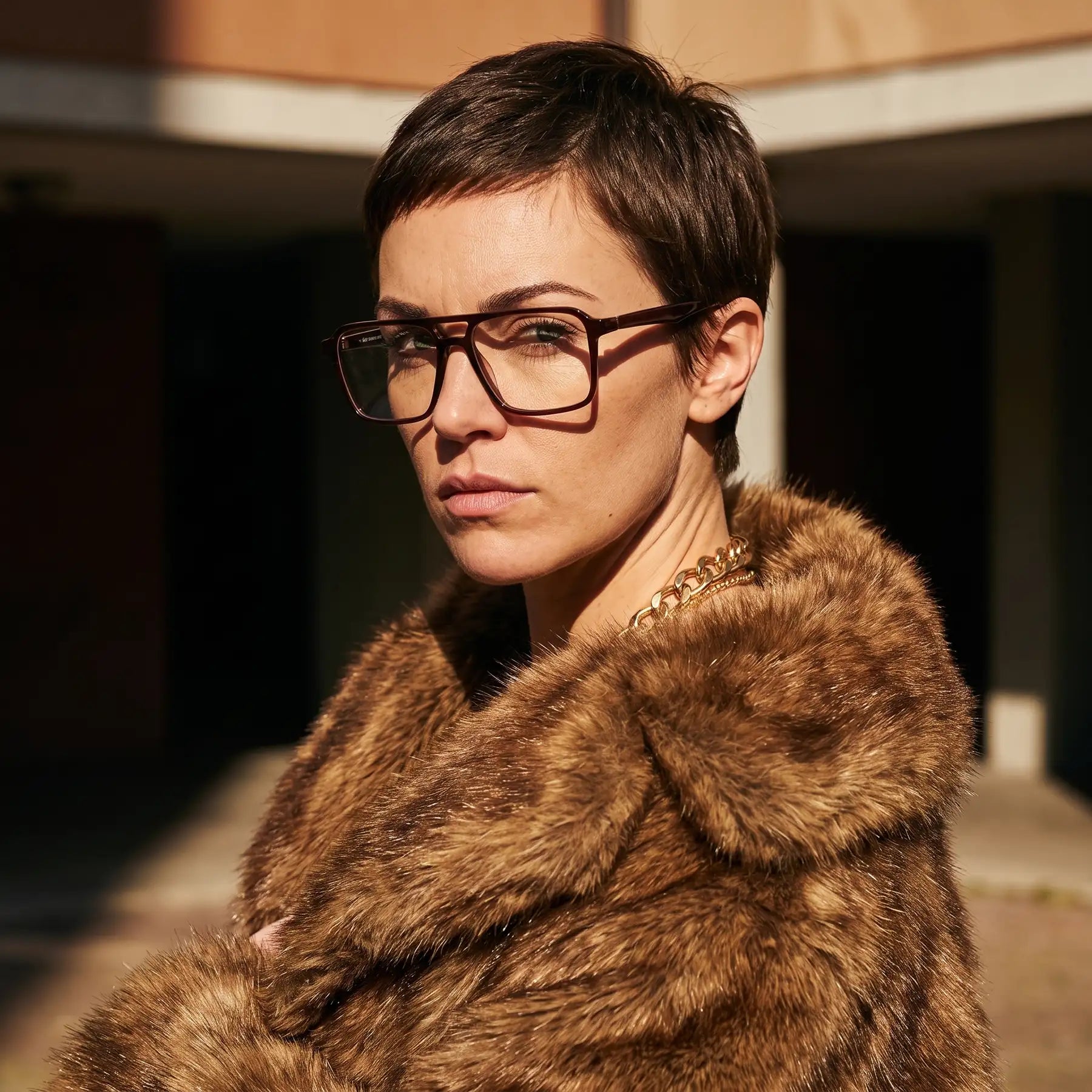 Fiore 1039 eyeglasses in brown, worn by a model – campaign portrait, street portrait rooted in city heritage
