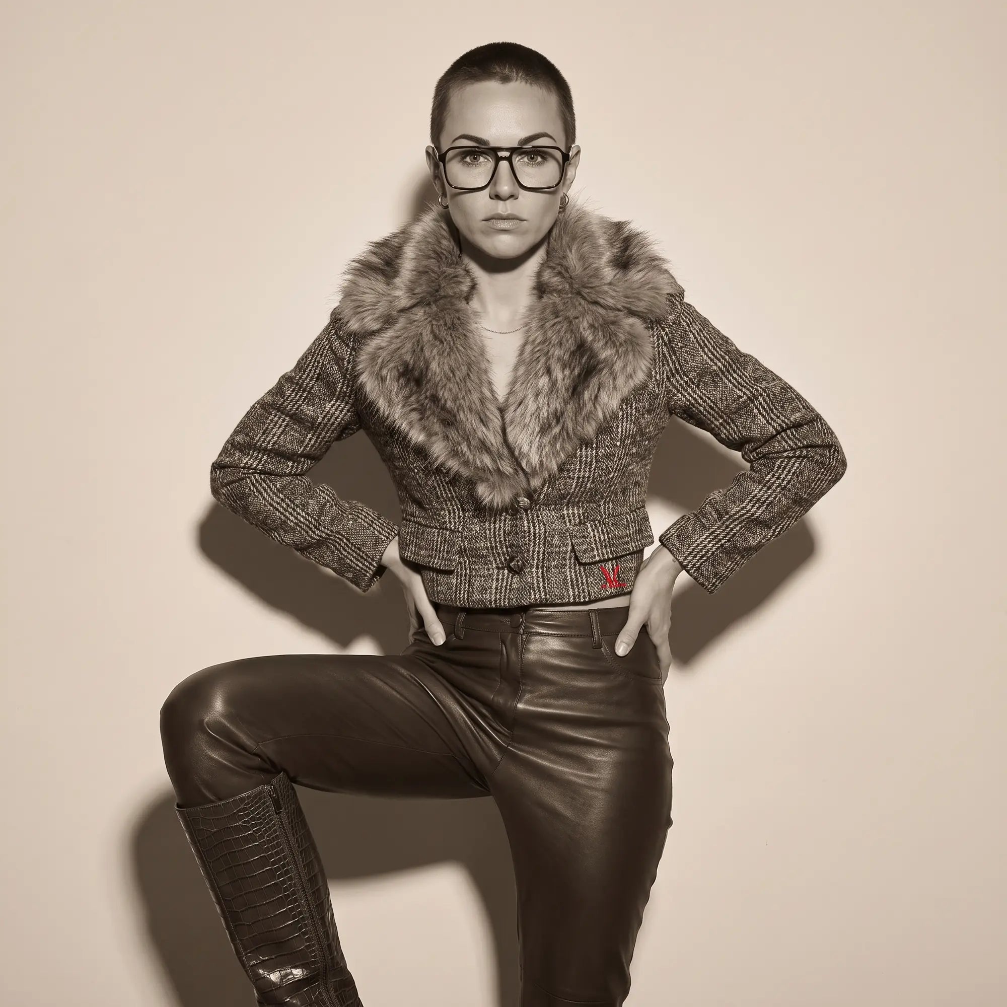 Fiore 1039 eyeglasses in brown, worn by a model – campaign portrait, full-length studio portrait in tweed and leather