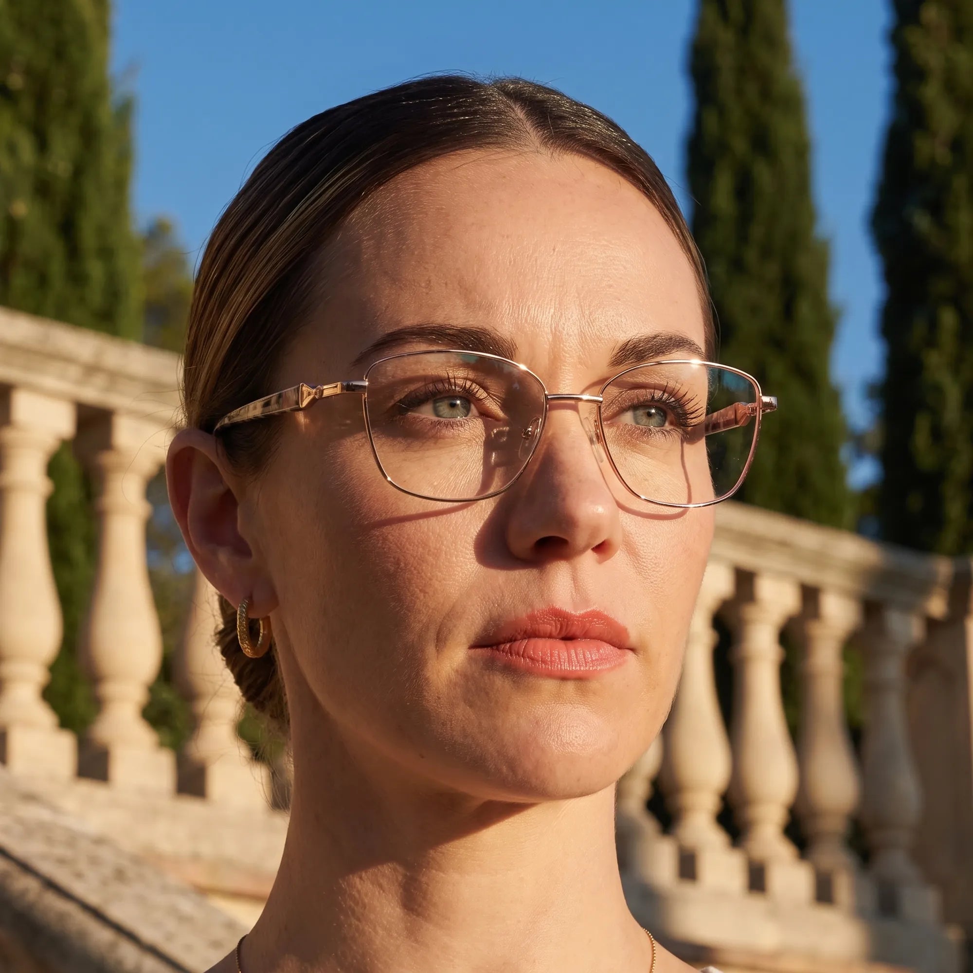 Fiore 2208 eyeglasses in brown gold, worn by a model – campaign portrait, evening glow at a villa balustrade