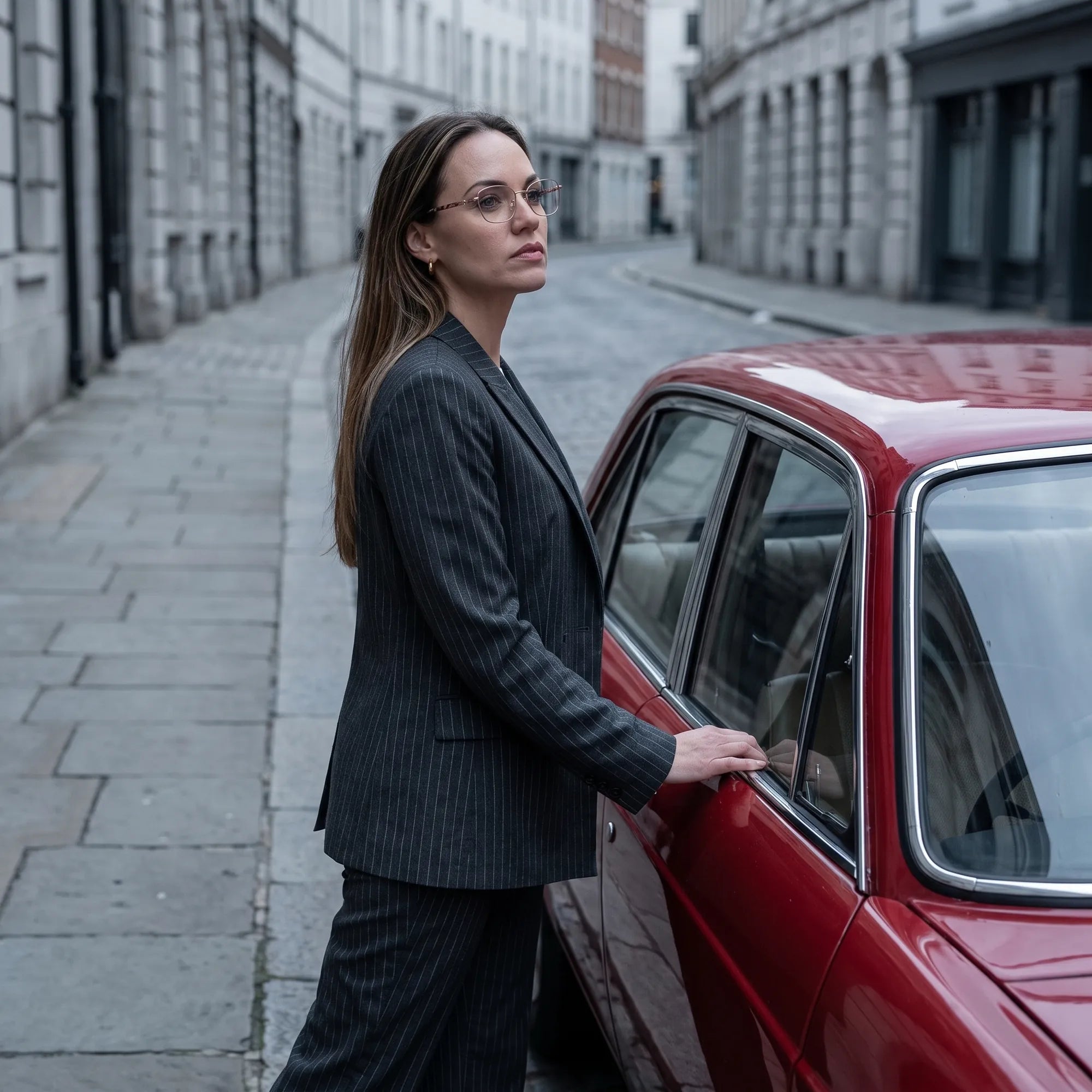 Fiore 2208 eyeglasses in brown gold, worn by a model – campaign portrait, pinstripe suit beside a classic red car