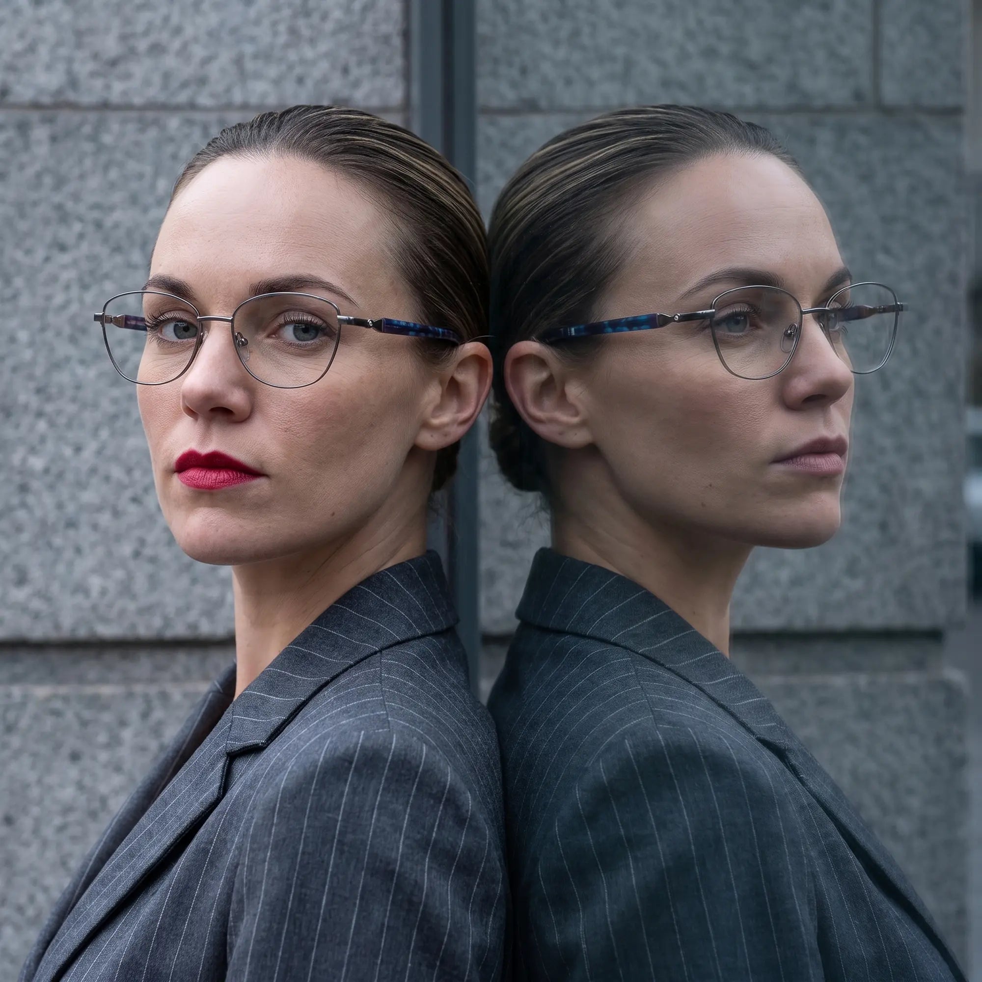 Fiore 2208 eyeglasses in gun blue, worn by a model – campaign portrait, tailored autumn look on a city street