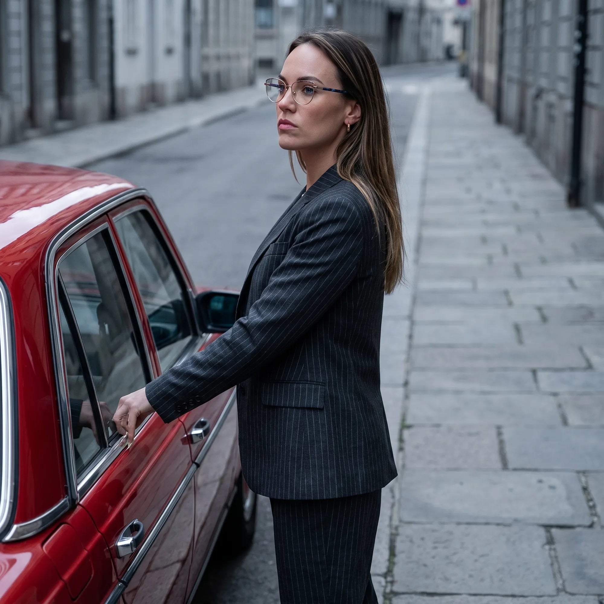 Fiore 2208 eyeglasses in gun blue, worn by a model – campaign portrait, pinstripe suit beside a classic red car