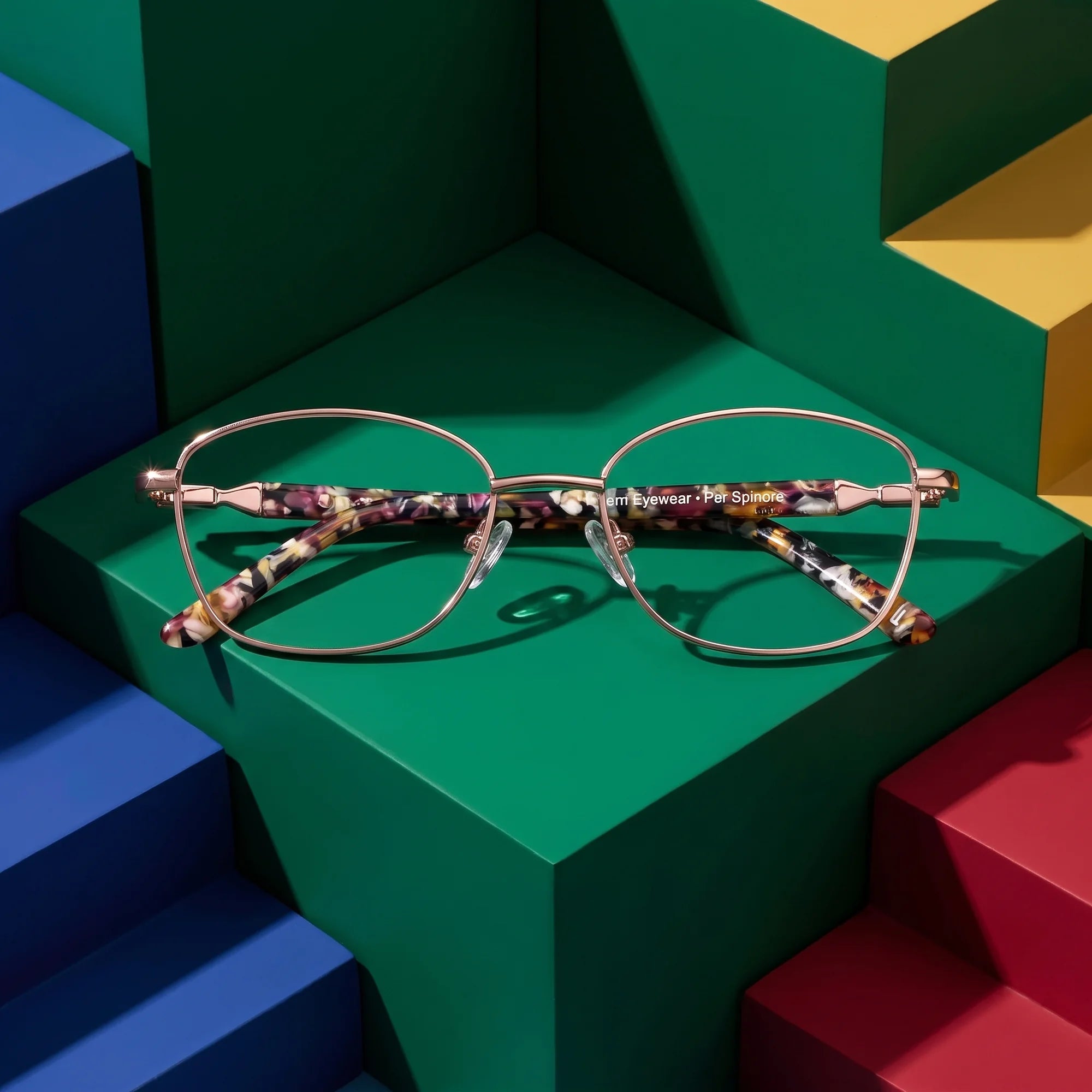 Fiore 2208 eyeglasses in brown tortoiseshell – on bold primary color-block steps