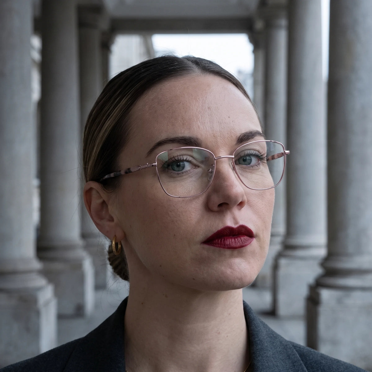 Fiore 2210 eyeglasses in pink, worn by a model – campaign portrait, moody autumn portrait between stone columns