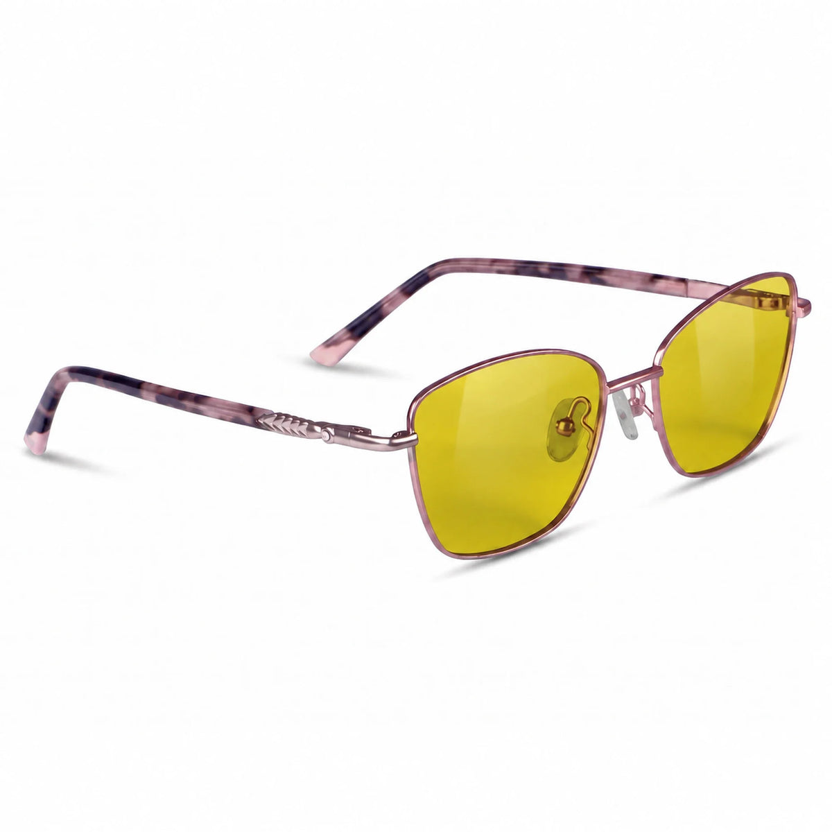 Fiore 2210 square cat eye sunglasses, purple steel frame, yellow polarized lens, three-quarter view · ReFramed