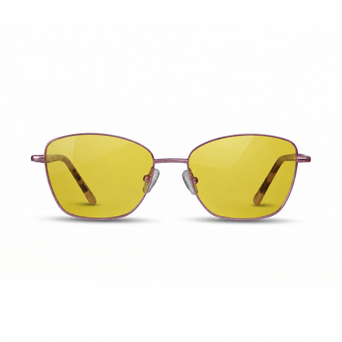 Fiore 2210 square cat eye sunglasses, purple steel frame, yellow polarized lens, front view · ReFramed