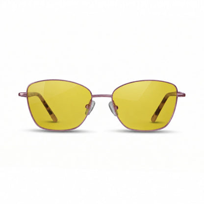 Fiore 2210 square cat eye sunglasses, purple steel frame, yellow polarized lens, front view · ReFramed