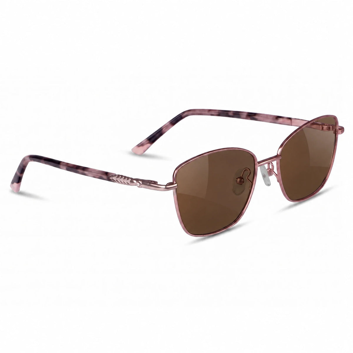 Fiore 2210 square cat eye sunglasses, purple steel frame, brown polarized lens, three-quarter view · ReFramed