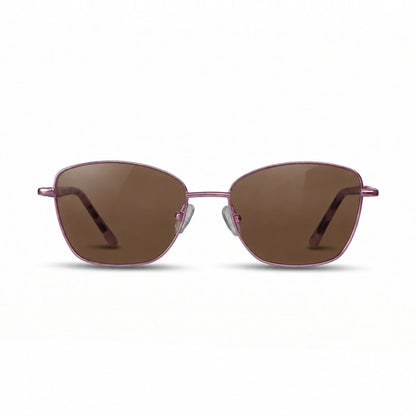 Fiore 2210 square cat eye sunglasses, purple steel frame, brown polarized lens, front view · ReFramed