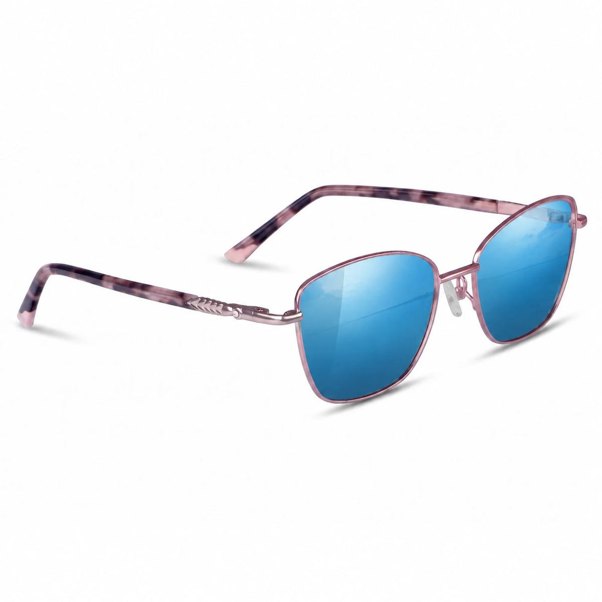 Fiore 2210 square cat eye sunglasses, purple steel frame, mirrored blue polarized lens, three-quarter view · ReFramed