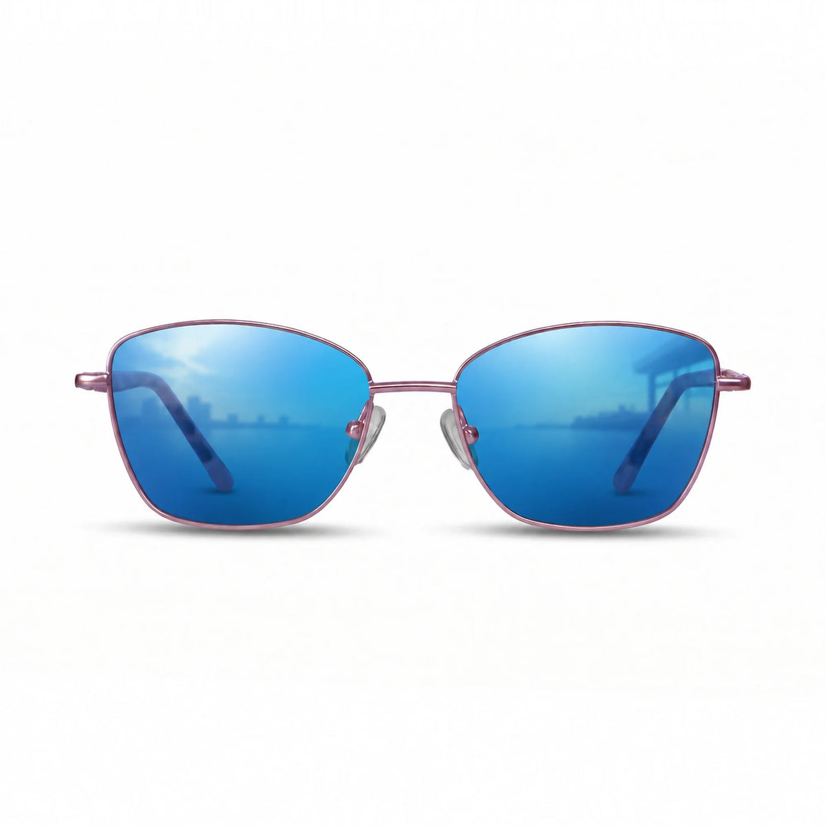 Fiore 2210 square cat eye sunglasses, purple steel frame, mirrored blue polarized lens, front view · ReFramed