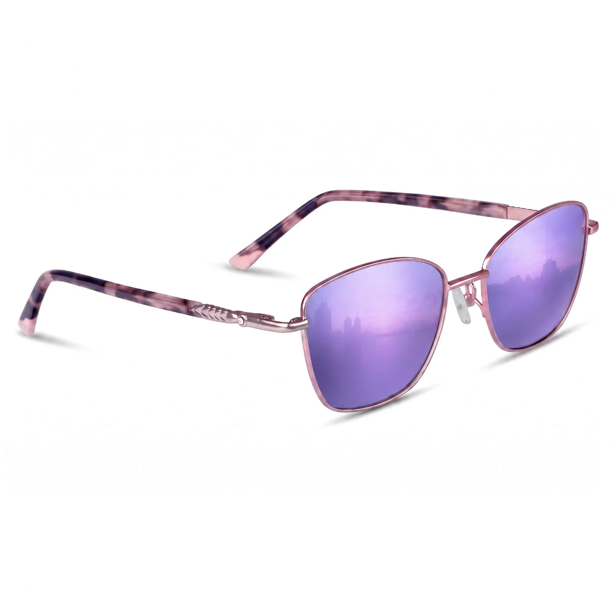 Fiore 2210 square cat eye sunglasses, purple steel frame, mirrored purple polarized lens, three-quarter view · ReFramed
