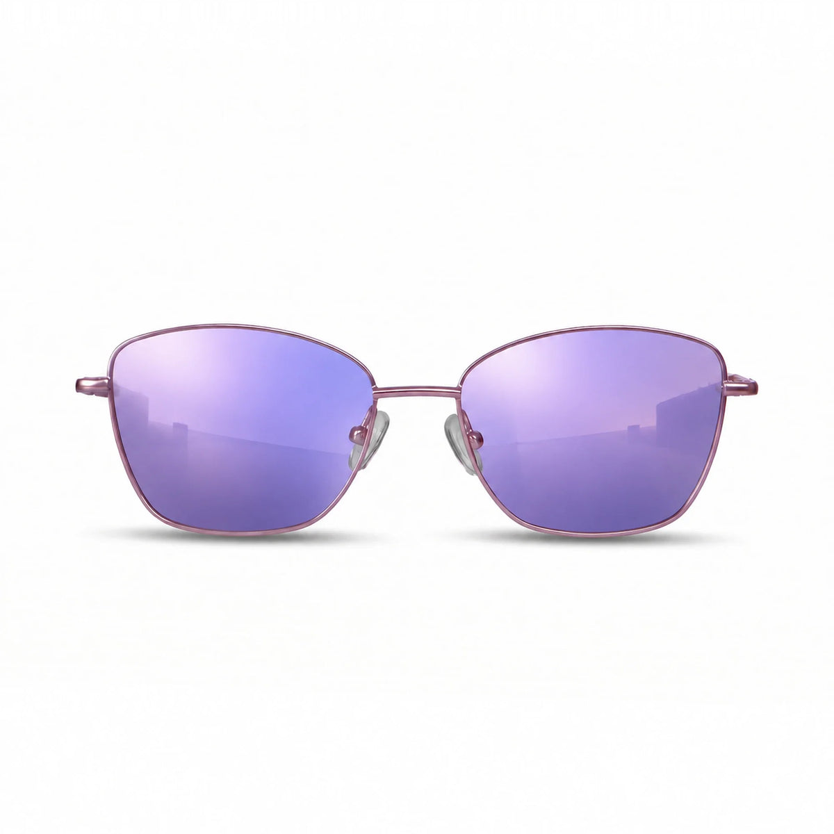 Fiore 2210 square cat eye sunglasses, purple steel frame, mirrored purple polarized lens, front view · ReFramed